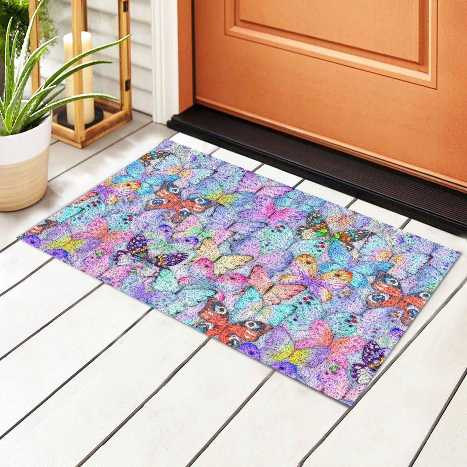 BoeHiop Rainbow Butterfly Welcome Door Mat - Non-Slip Absorbent Indoor/Outdoor Rug - Personalized Front Door Mat for Home Decor - Perfect for Entryways, Patios & Porches
