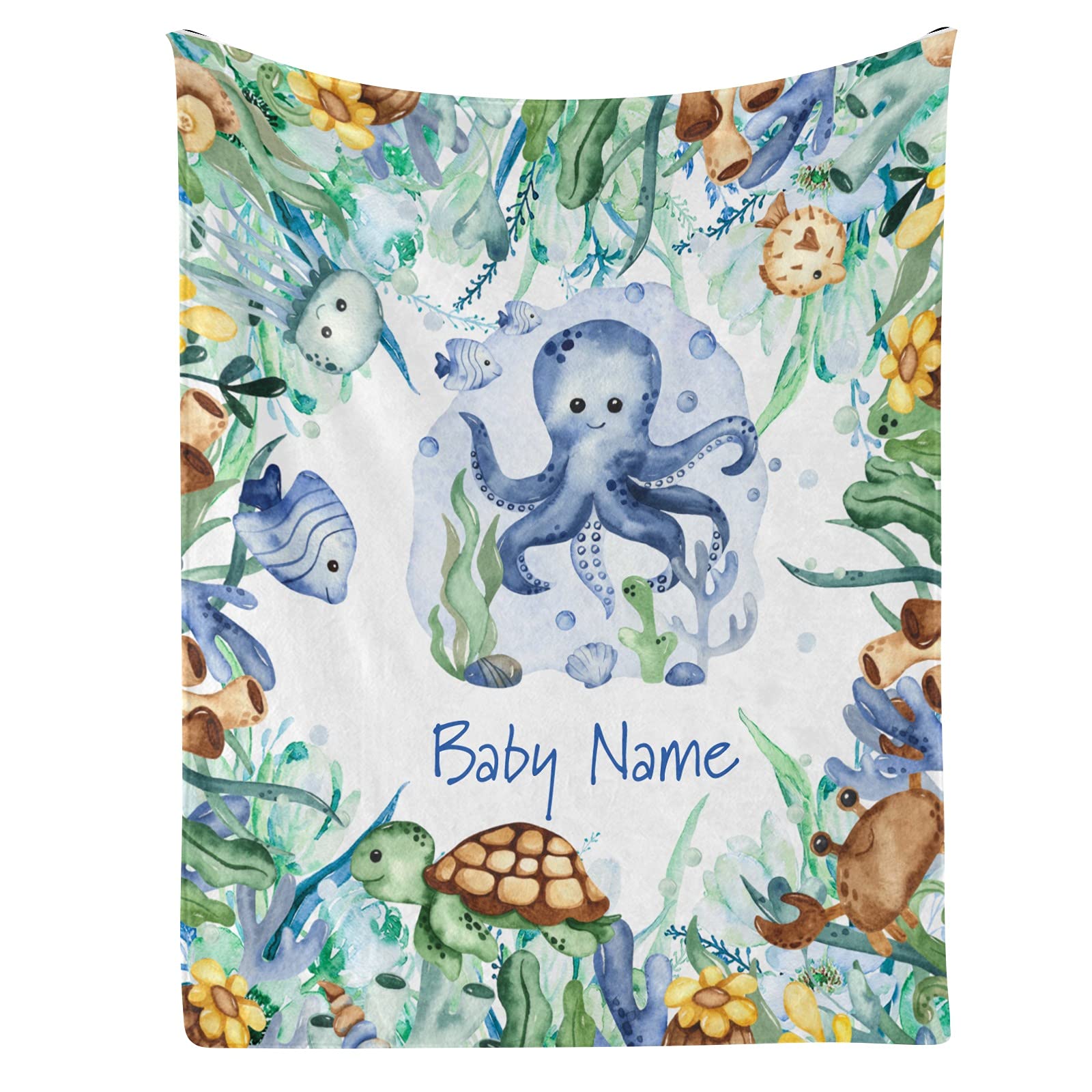 Personalized Baby Fleece Blanket - Custom Name & Birthday Sea Turtle Octopus Design - Super Soft 30x40 Inch Jungle Underwater Theme Blanket for Boys & Girls - Perfect Baby Shower, Newborn Gift & Nursery Decor
