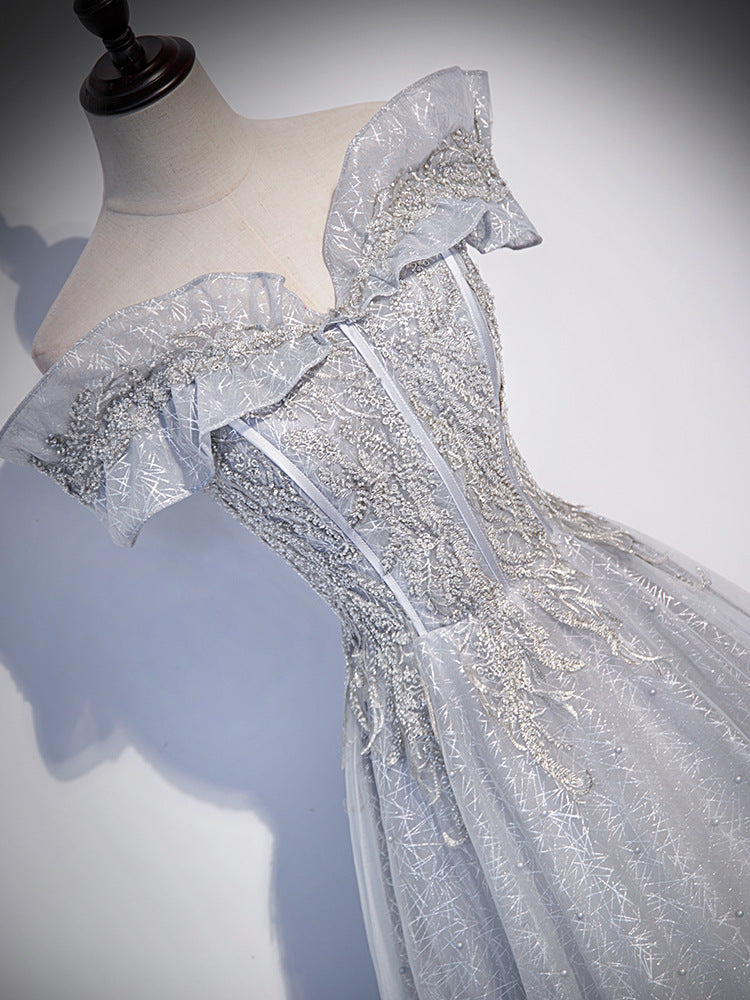 Sparkly Gray Off-Shoulder Prom Dress - Shiny Formal Evening Gown for Homecoming, Pageants & Special Occasions