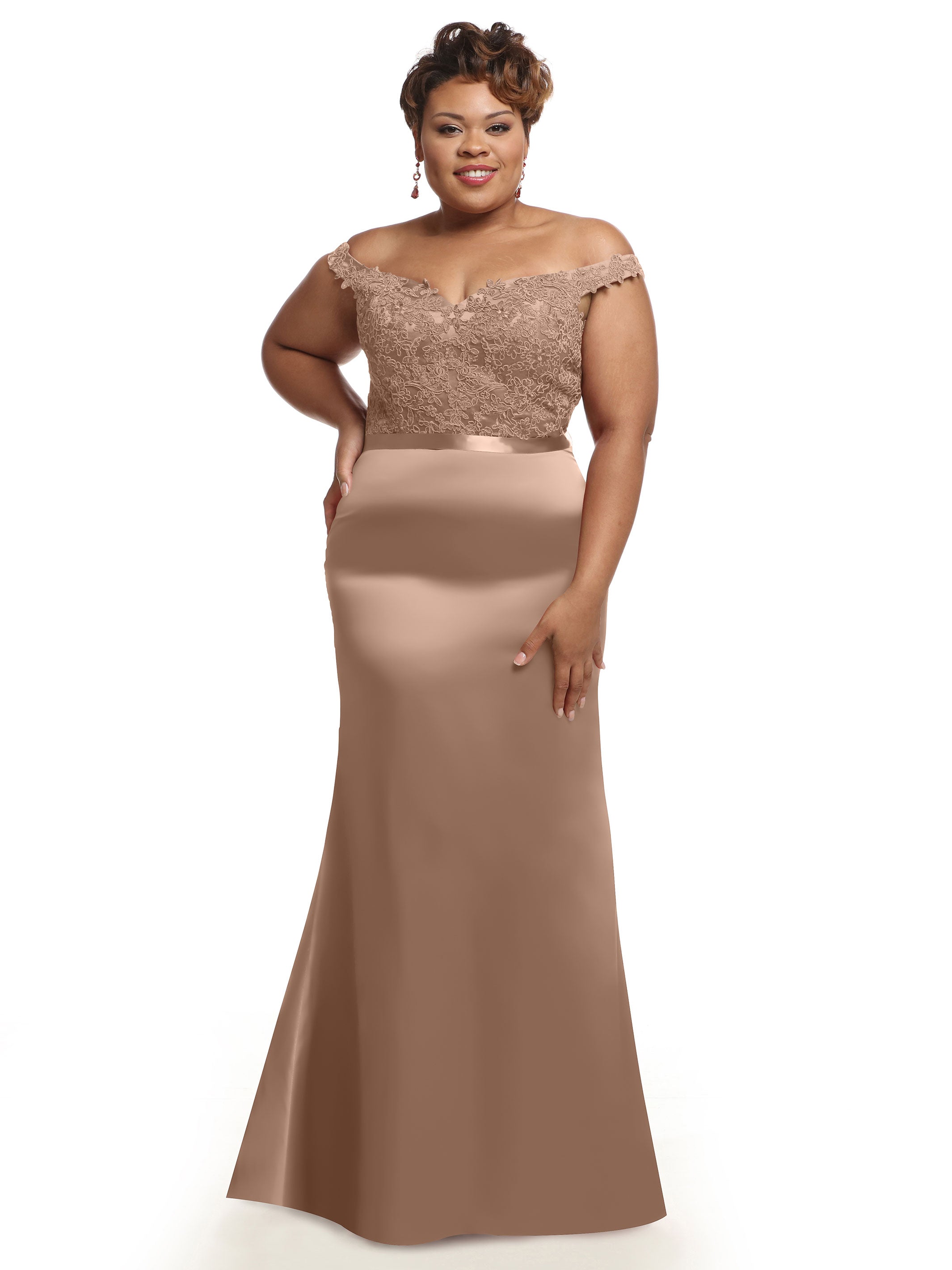 Elegant 80104 Satin Off-The-Shoulder Bridesmaid Dress with Lace Bodice & Waist Sash - Perfect for Weddings, Proms & Formal Events