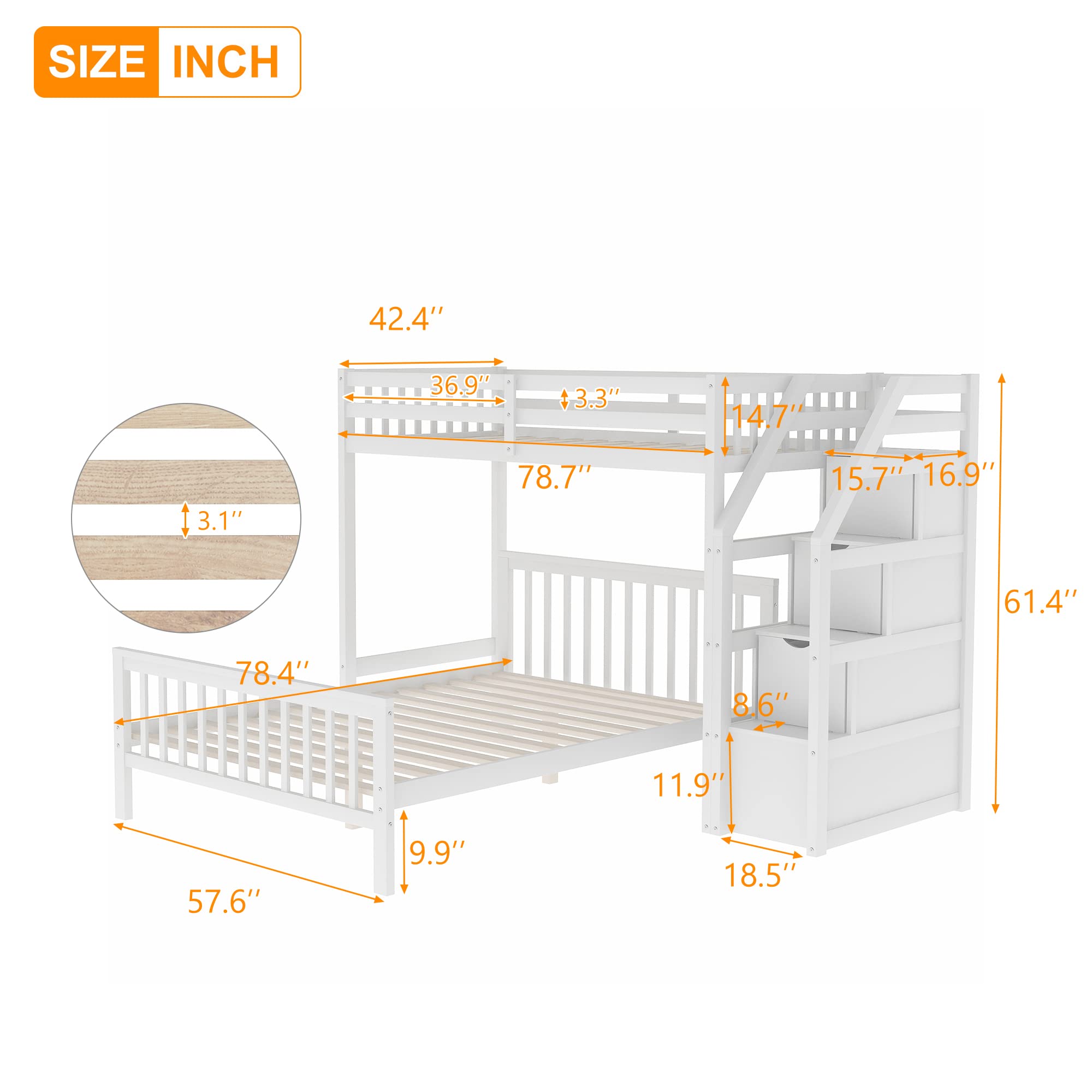 LZ LEISURE ZONE Twin Over Full Loft Bed with Storage - Solid Wood Bunk Bed Frame, No Box Spring Needed (White) - Perfect for Kids' Bedrooms, Guest Rooms & Small Spaces