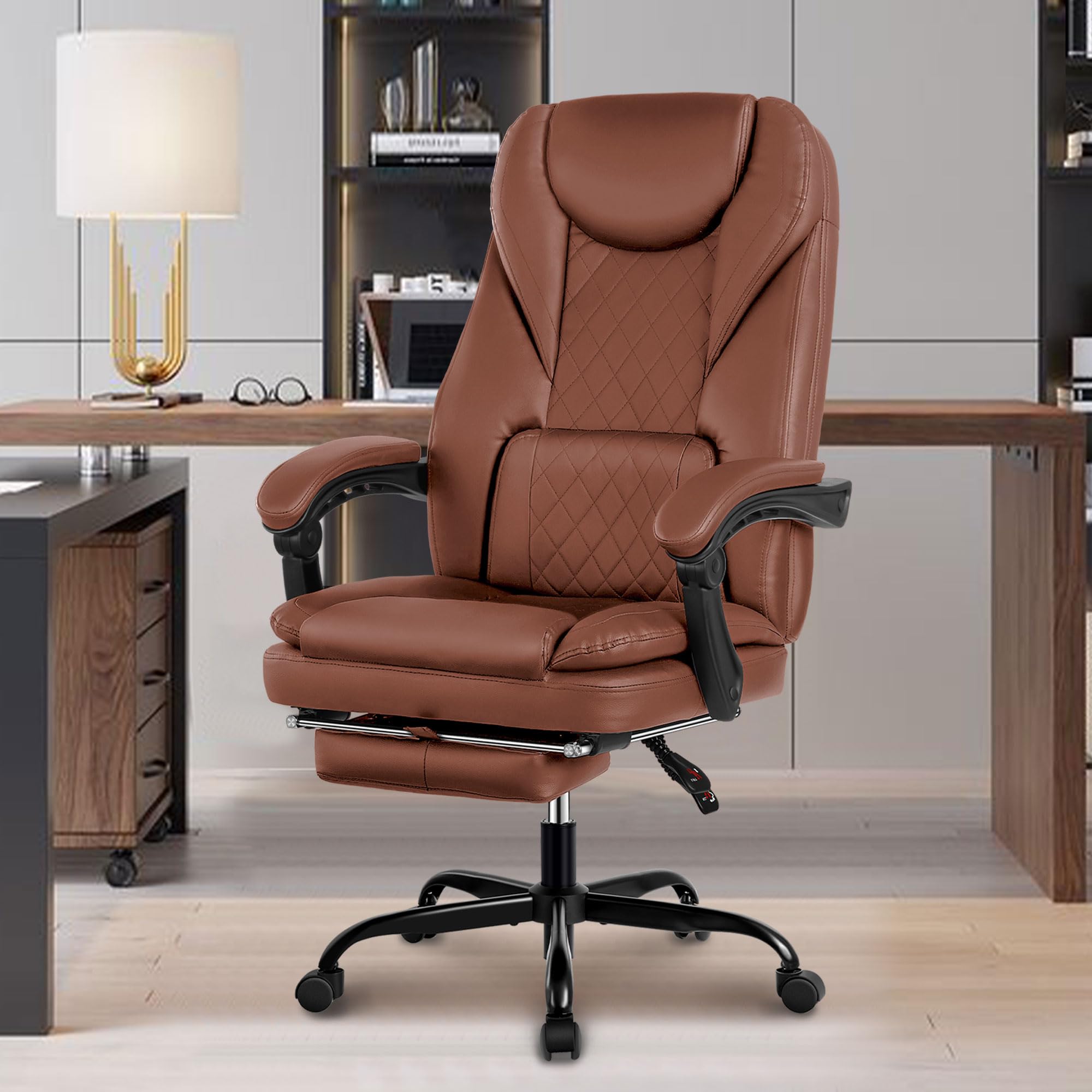 Premium Big and Tall Executive Office Chair with Footrest - Ergonomic High Back Reclining Leather Desk Chair for Home & Office - Comfortable Brown Leather Swivel Chair for Long Work Hours, Conference Rooms & Home Offices
