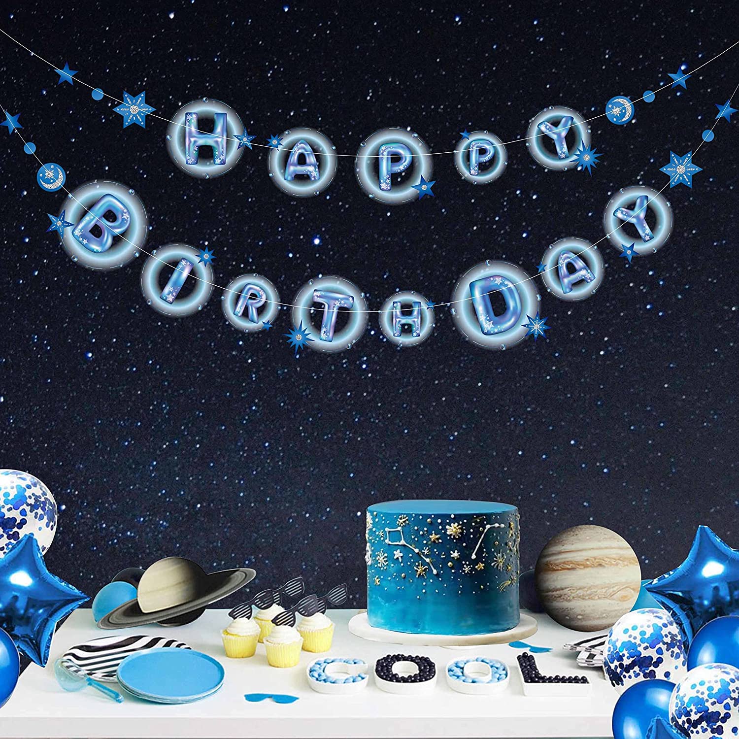 Cheerland Happy Birthday Blue Banner Star Garland - Moon & Star Party Decorations, Celestial Planet Theme Twinkle Little Star Backdrop for Birthday, Baby Shower, Nursery, Wedding & Holiday Decor