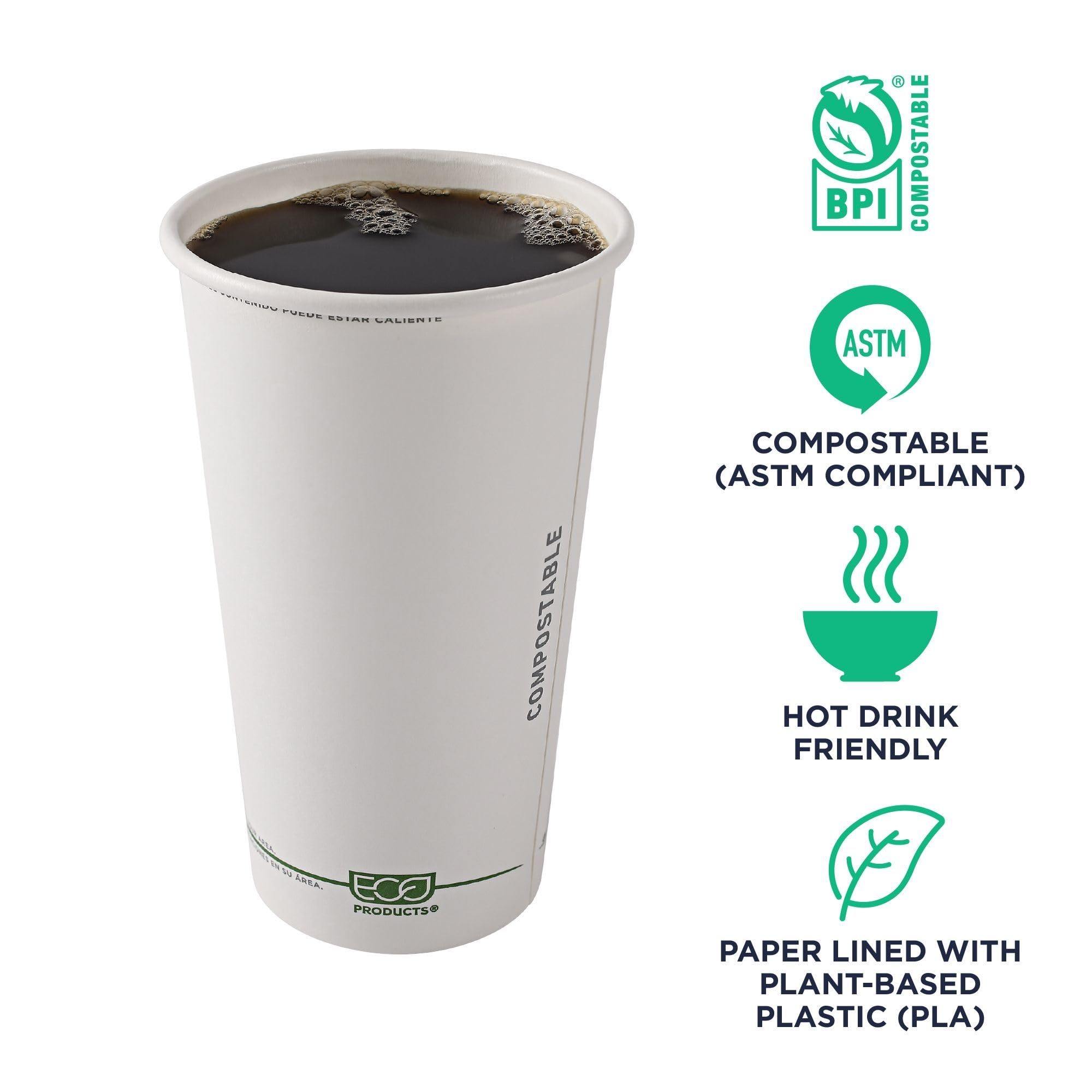 ECO PRODUCTS Compostable Disposable 20oz Coffee Cups - 1000 Count Case | White Hot Paper Cups with Plant-Based PLA Lining | Biodegradable & Eco-Friendly | Perfect for Coffee Shops, Offices, and Events