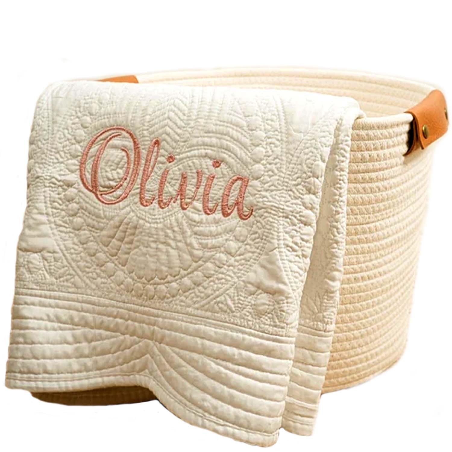 Custom Monogrammed Baby Quilt Blanket - Personalized Embroidered Name Heirloom Blanket | Super Soft & Cozy Cotton with Scalloped Edges | Perfect Baby Shower Gift, Nursery Decor & Newborn Keepsake (Style 1)
