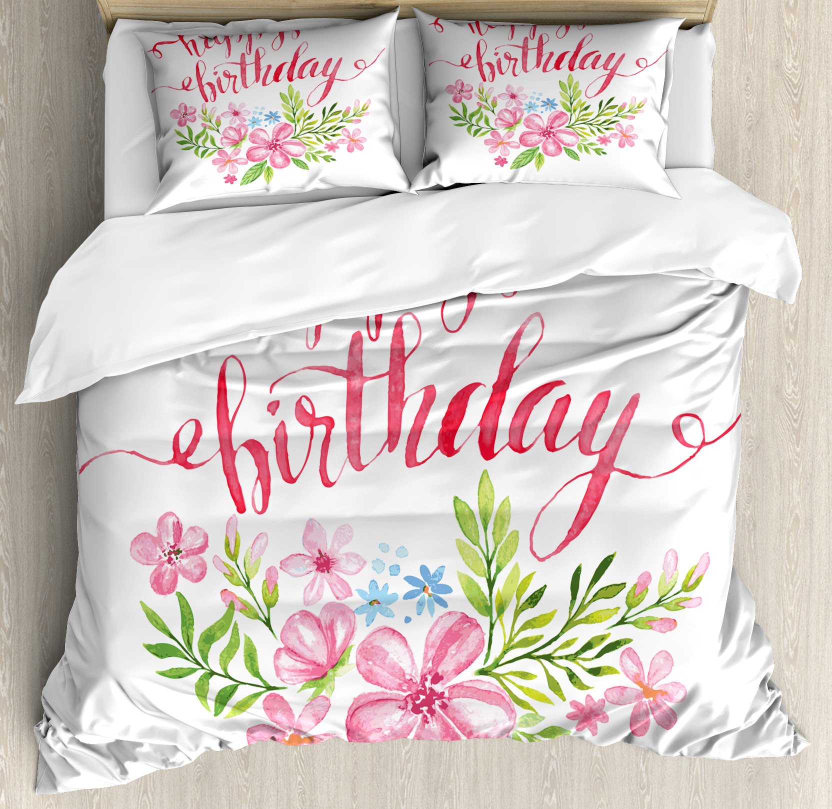 Lunarable Happy Birthday Duvet Cover Set - Queen Size 3-Piece Bedding with Floral Hand Lettering Design, 2 Pillow Shams in Apple Green & Pale Pink | Perfect for Birthday Decorations, Bedroom Makeovers & Gift Ideas