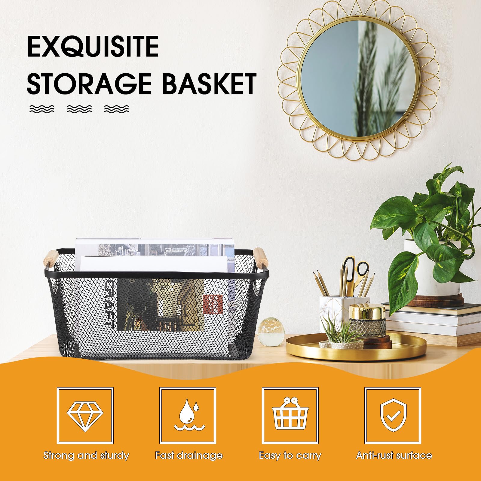 4-Piece Metal Wire Basket Set with Wooden Handles - Black Steel Mesh Storage Organizer Bins for Home, Kitchen, Pantry & Closet Organization - Perfect for Fruits, Snacks, Makeup & Gifts (Large Size) - Ideal for Refrigerator, Cabinet & Shelf Storage Solutions