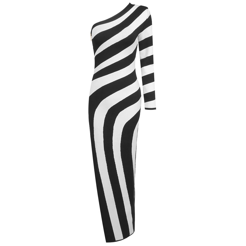 LOVEVOP Sexy Black & White Striped High-Slit Shoulder Bandage Dress - Elegant Long Sleeve Bodycon Dress for Women | Perfect for Night Out, Party, Date Night & Special Occasions