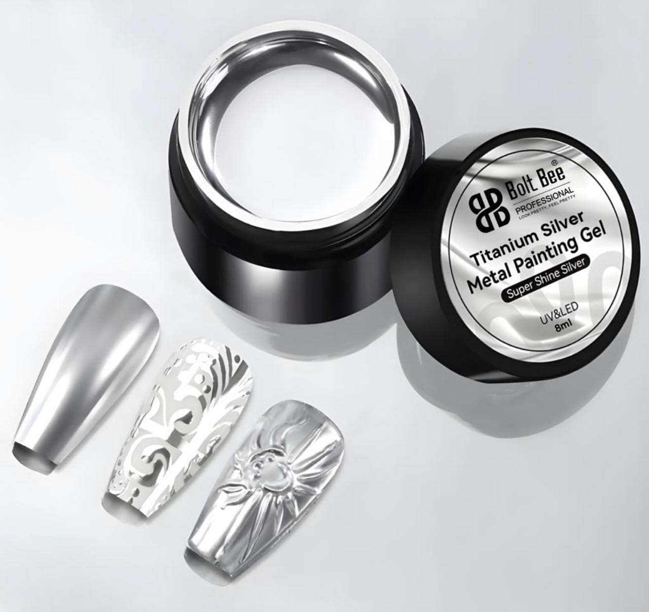 Bolt Bee Titanium Metal Painting Nail Gel - Silver Mirror Nail Polish for UV/LED Soak Off - High Gloss Metallic Finish Gel for Mirror Nails - Perfect for Party, Wedding, and Special Occasion Nail Art