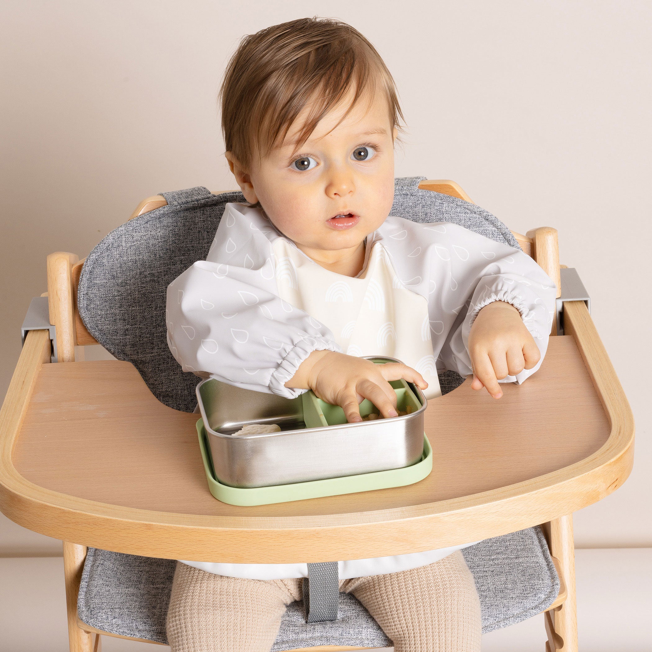 Nordic Smock Bib for Baby - Soft Grey & Sand Cotton Feeding Bib with Adjustable Straps - Perfect for Mealtime, Daycare, and Messy Play