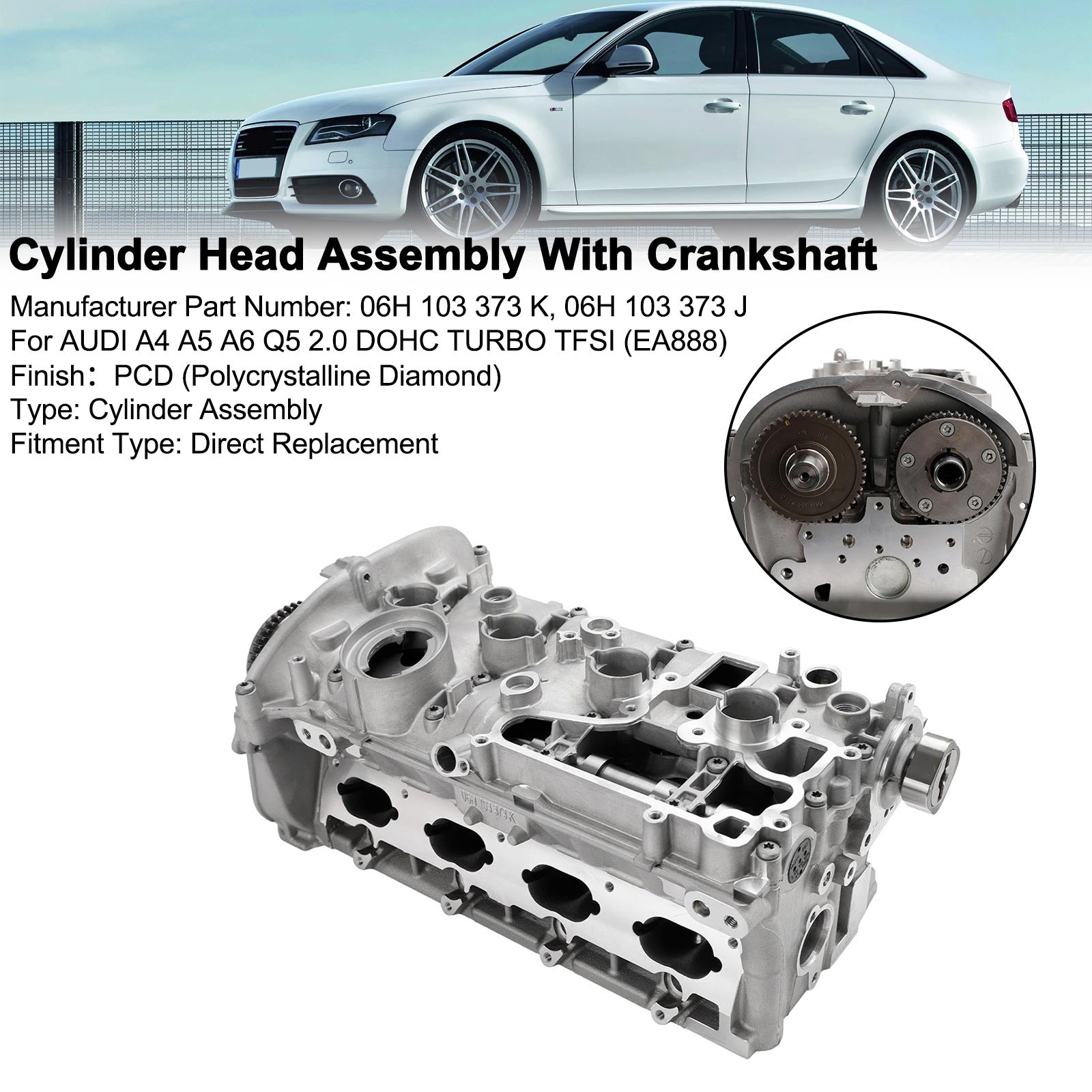 06H103373J Cylinder Head Assembly & Crankshaft for AUDI A4 A5 A6 Q5 2.0L DOHC TFSI (EA888) Engine - Replacement Part for Performance Repair & Maintenance | Perfect for Engine Overhaul, Head Gasket Replacement & Vehicle Restoration