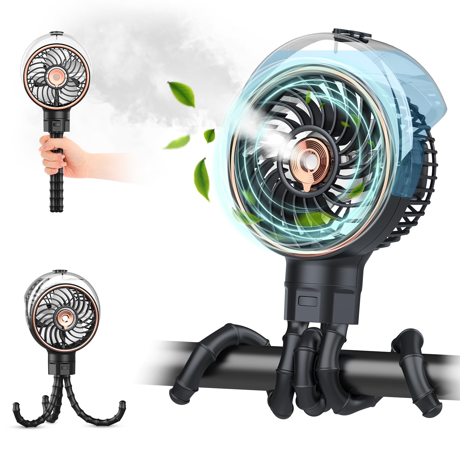 Portable Misting Baby Stroller Fan with 100ml Water Tank - Clip On Cooling Fan for Outdoor, Crib, Car Seat & Travel | Detachable Tripod, Handheld & Desk Use for Home, Office, Gym & Treadmill Workouts