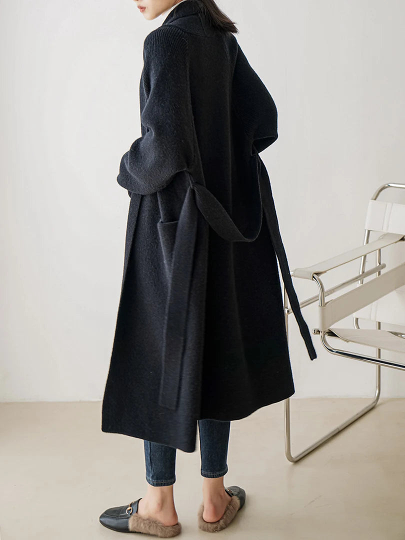 Women's Plus Size Long Knit Cardigan Sweater - Black Belted V-Neck Long Sleeve Open Front Wrap Coat | 2025 Spring Autumn Fashion | Casual Office Wear, Layering Piece, Travel Outfit