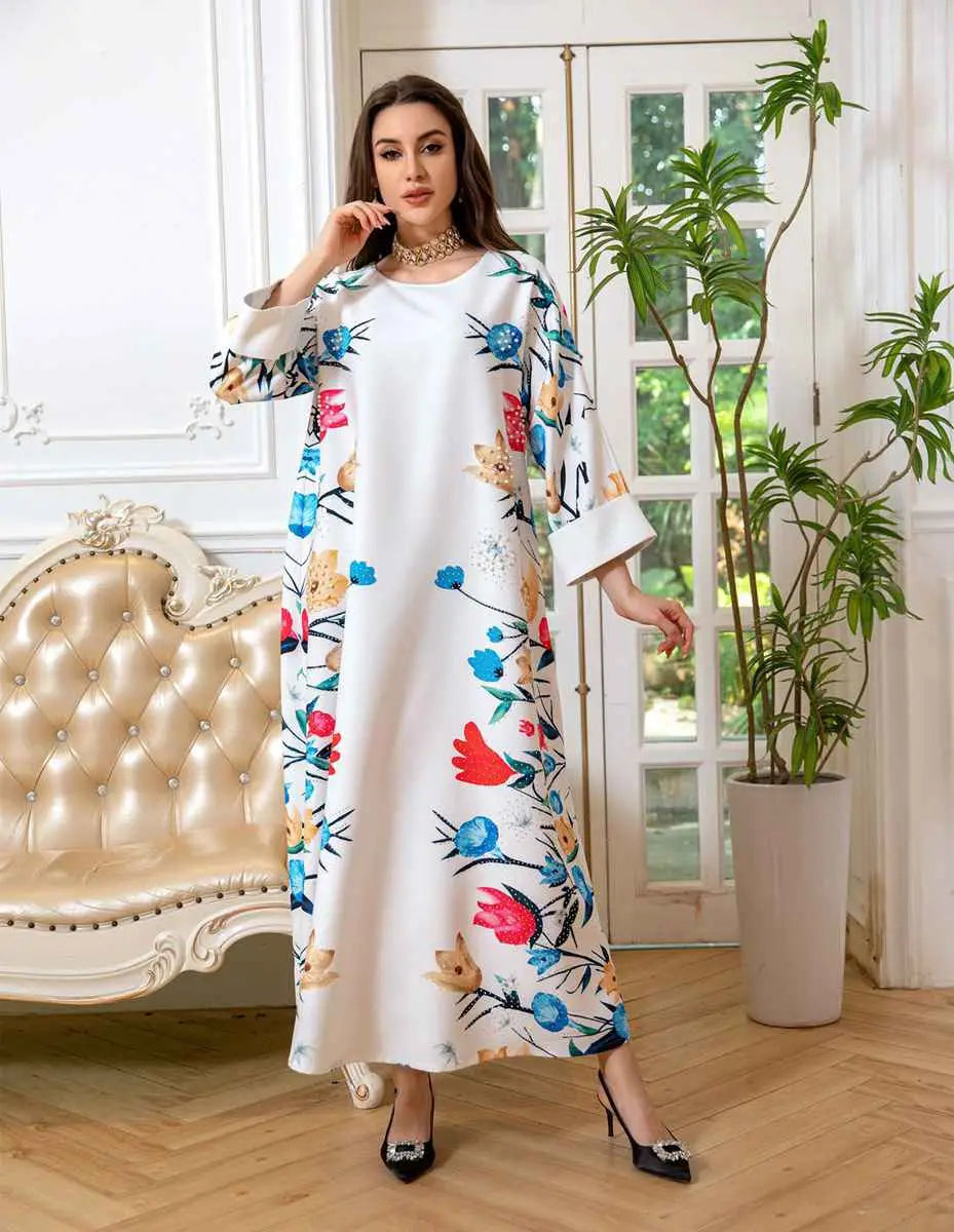 Elegant Eid Dress for Women - Arab Printed Kaftan Caftan Abaya Dress - Perfect for Eid Celebrations, Muslim Holidays & Special Occasions