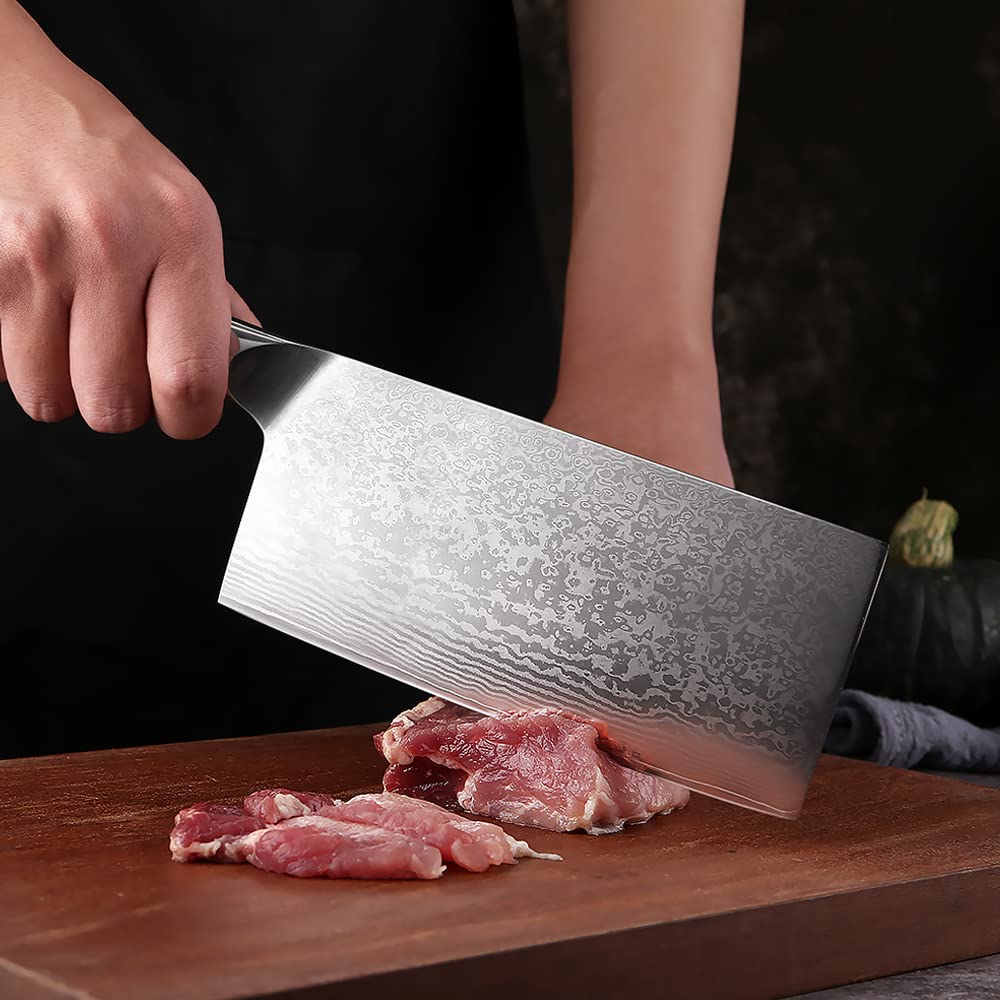 Premium 7-inch Chinese Chef Knife - Damascus Stainless Steel Meat Cleaver & Vegetable Chopper for Professional Cooking | Heavy Duty Kitchen Knife for Slicing, Dicing & Food Prep (DM220613R10Y)