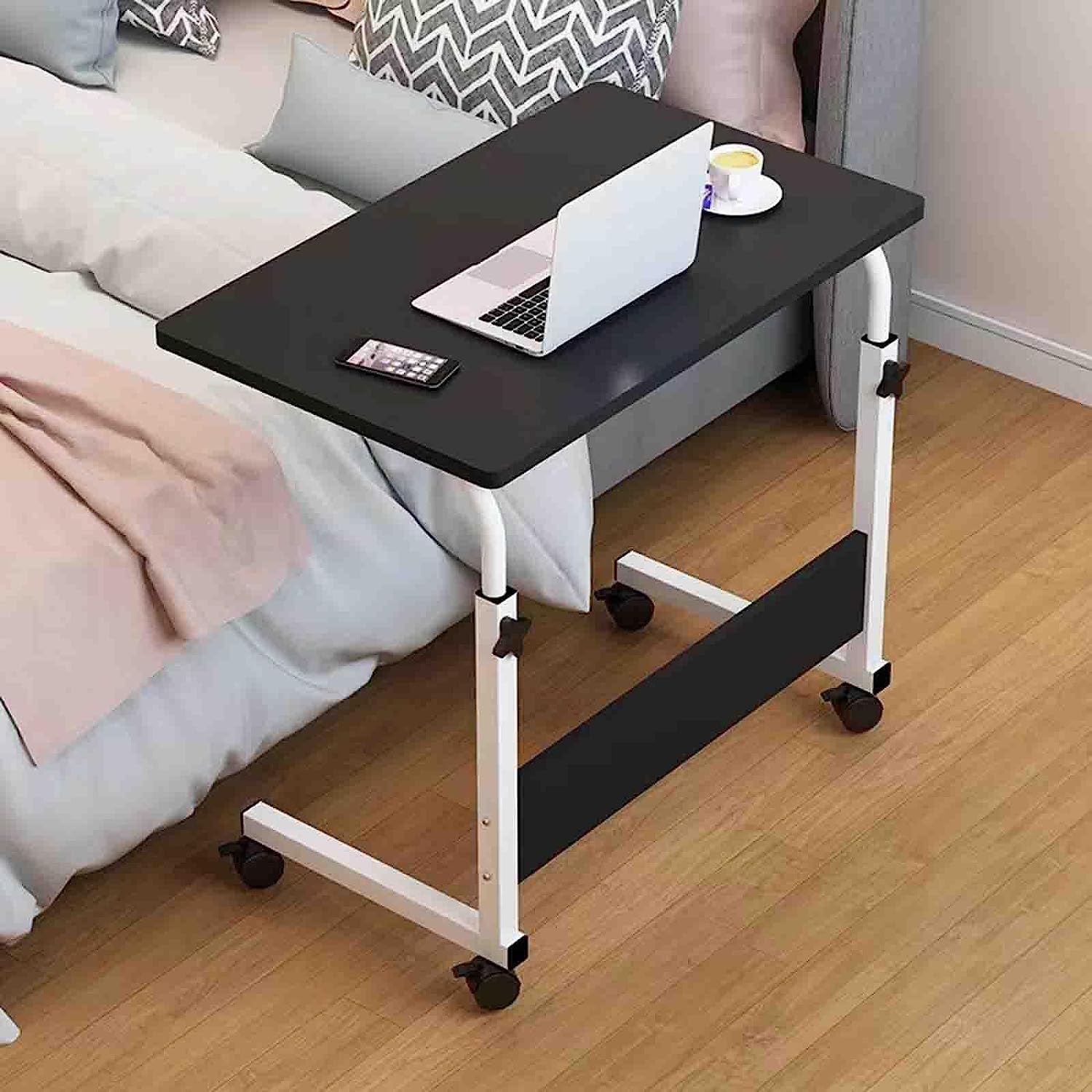 POCHY Adjustable Overbed Table with Wheels - Portable Laptop Desk, Lightweight Steel Frame & Fiberboard Top - Perfect for Bed, Sofa, or Office Use