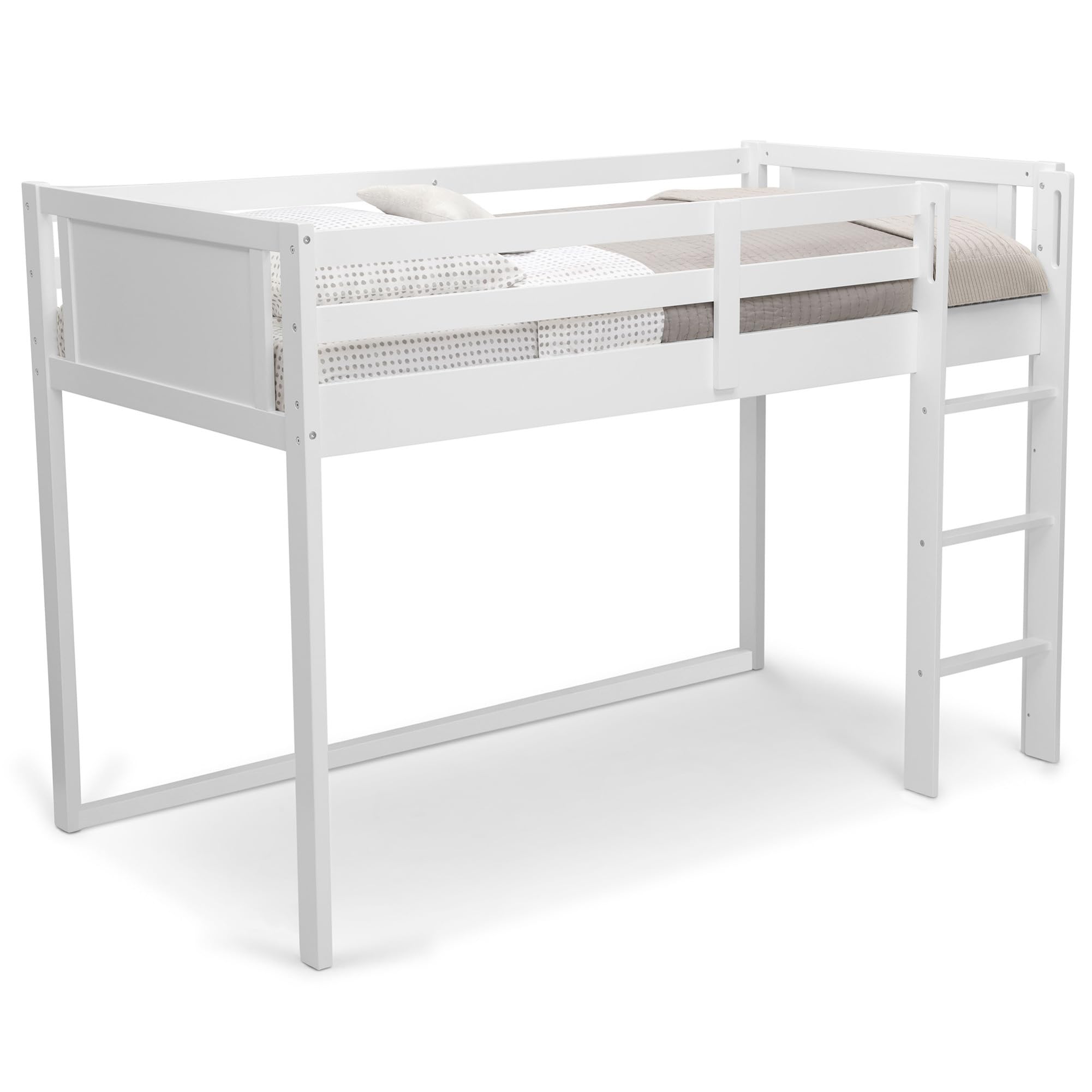Delta Children Twin Loft Bed with Guardrail & Ladder - White | Safe Kids Bunk Bed for Small Spaces | Coordinates with Disney Princess & JoJo Siwa Tents | Perfect for Bedrooms, Dorms & Tiny Homes