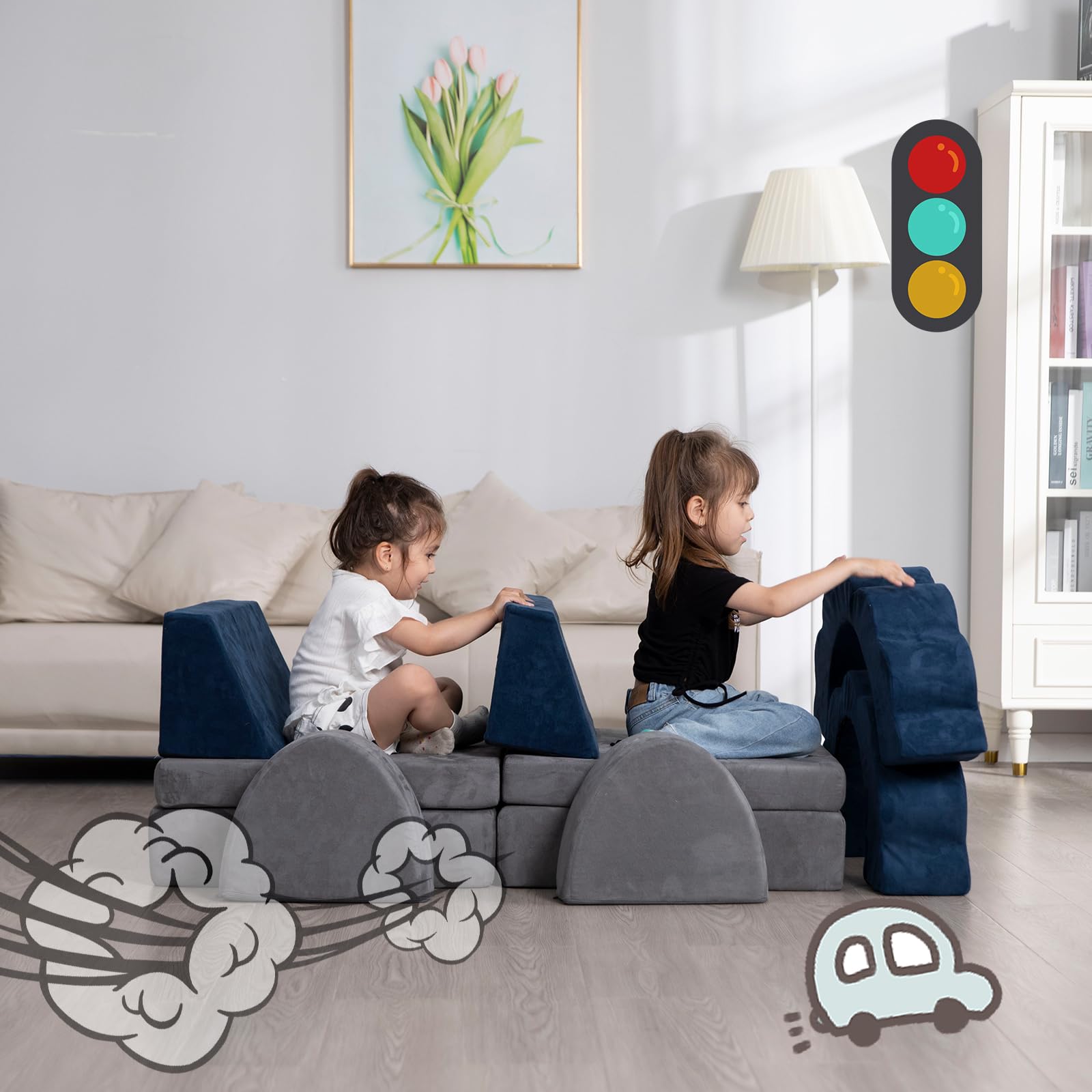 **10-Piece Modular Kids Play Couch - Foldable Toddler Foam Sofa with Flower-Shaped Climbing Blocks | Convertible Playroom & Bedroom Furniture for Creative Boys & Girls | Perfect for Indoor Play, Climbing, and Imaginative Fun**