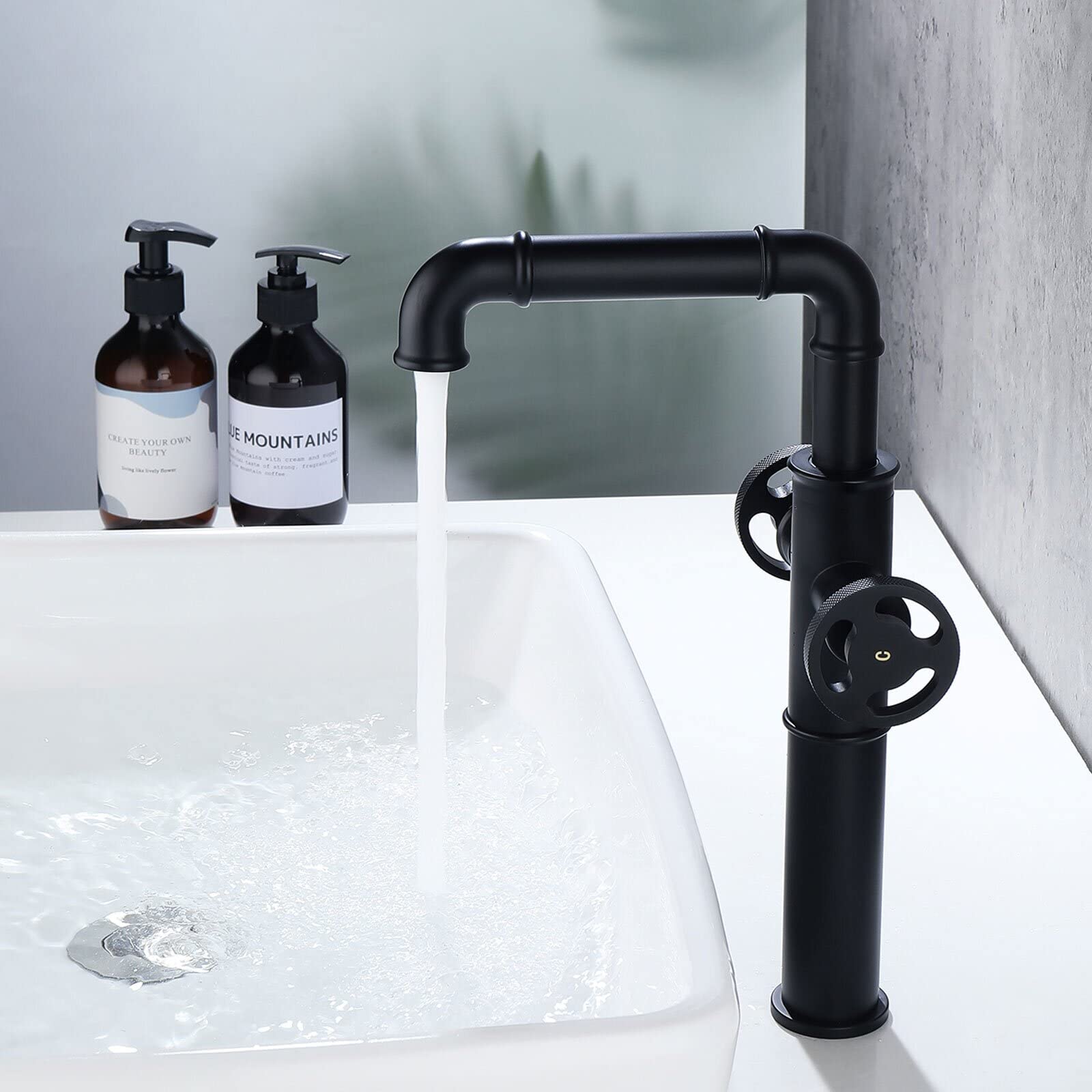Industrial Style Matte Black Bathroom Faucet - Solid Brass 2-Handle Vessel Sink Faucet with Mixer Tap | Perfect for Modern Farmhouse, Loft & Industrial Bathroom Designs