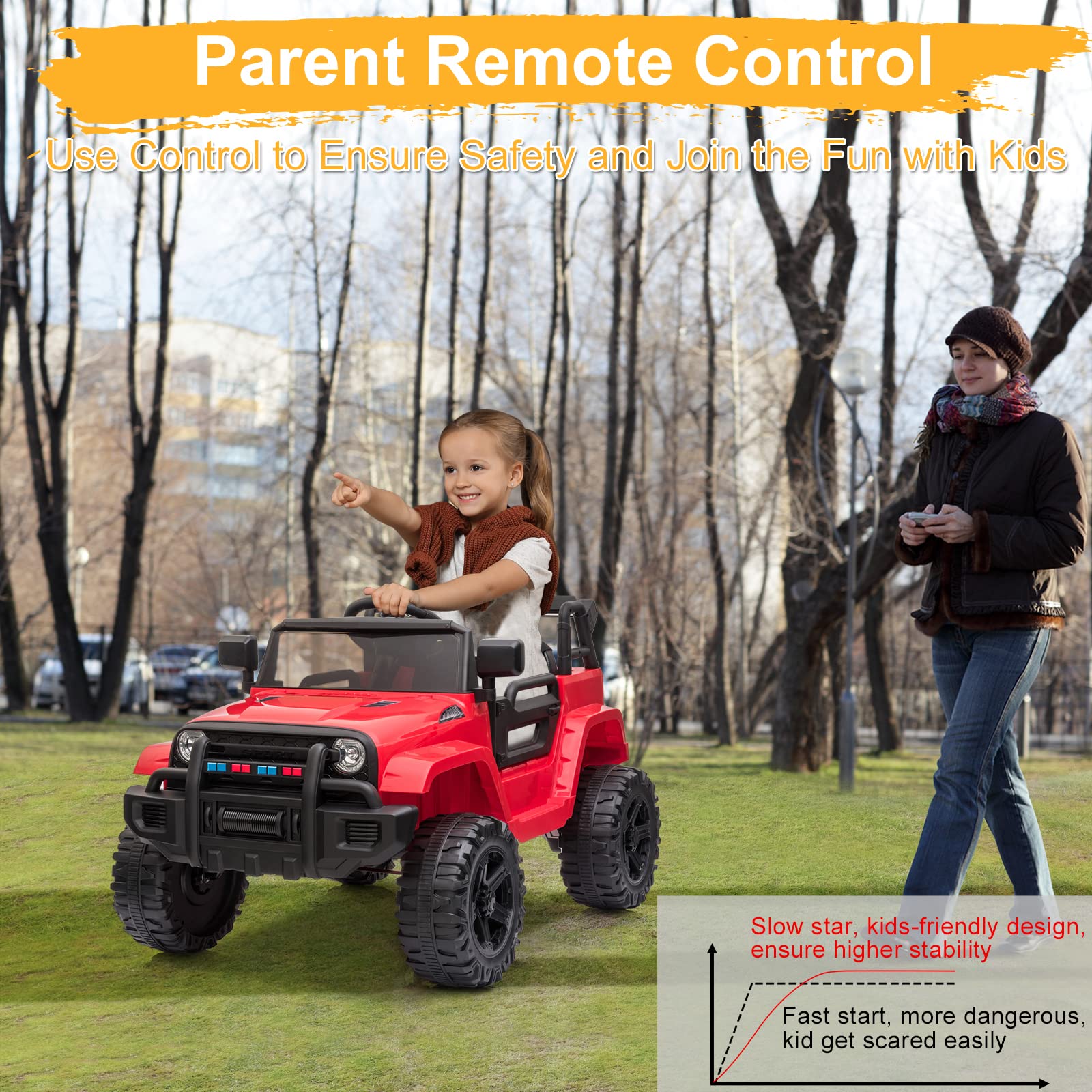 **12V Kids Electric Ride-On Truck with 2.4G Remote Control – 3 Speeds, Spring Suspension, LED Lights, Horn & Music Player – Safe for Ages 3-5 (Red) – Perfect for Outdoor Play, Birthday Gifts & Family Fun**
