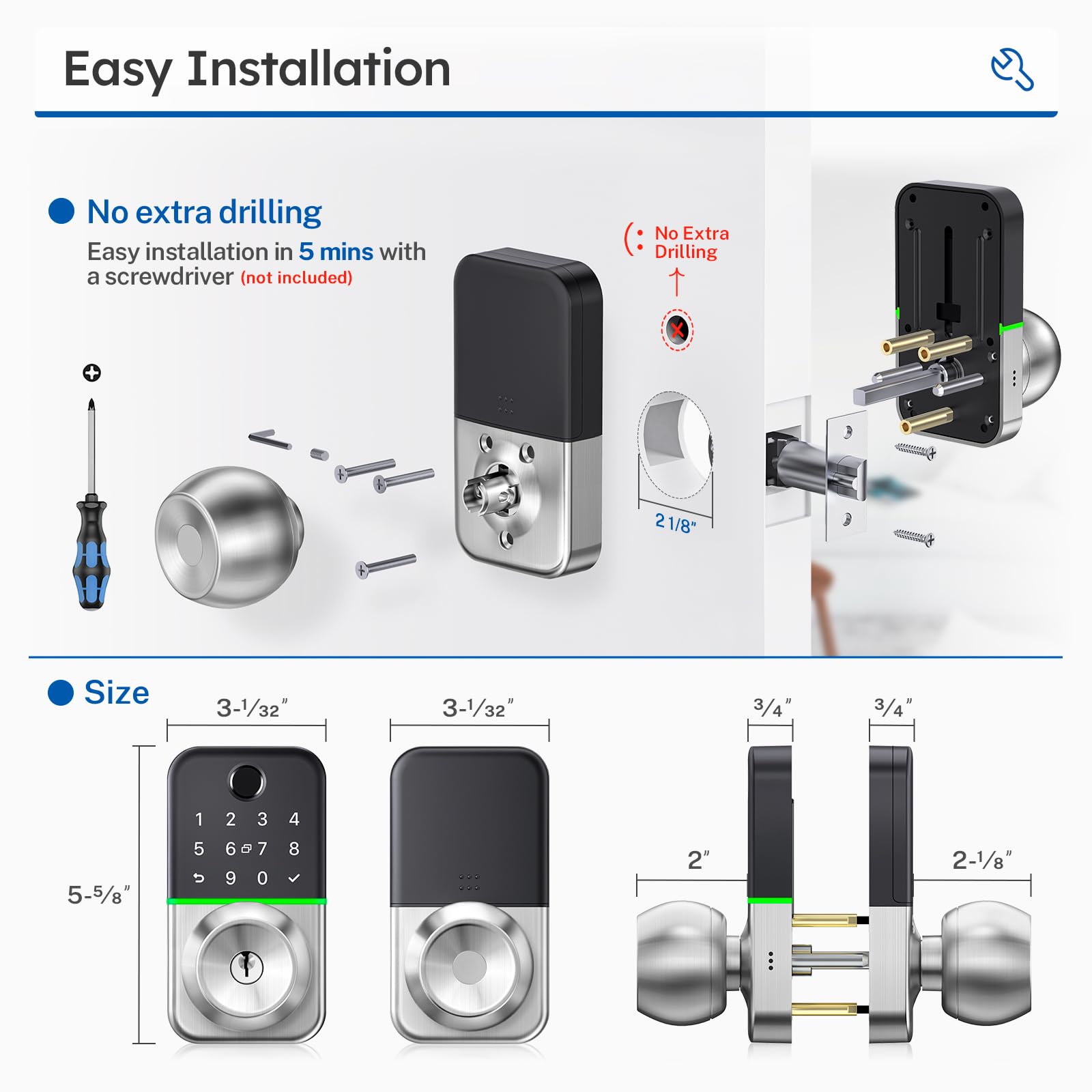 Kucacci Smart Keypad Door Lock with Fingerprint & Keyless Entry - Digital Electronic Deadbolt for Front Door - Easy Install Remote Passcode Generation - Perfect for Homes, Apartments & Vacation Rentals
