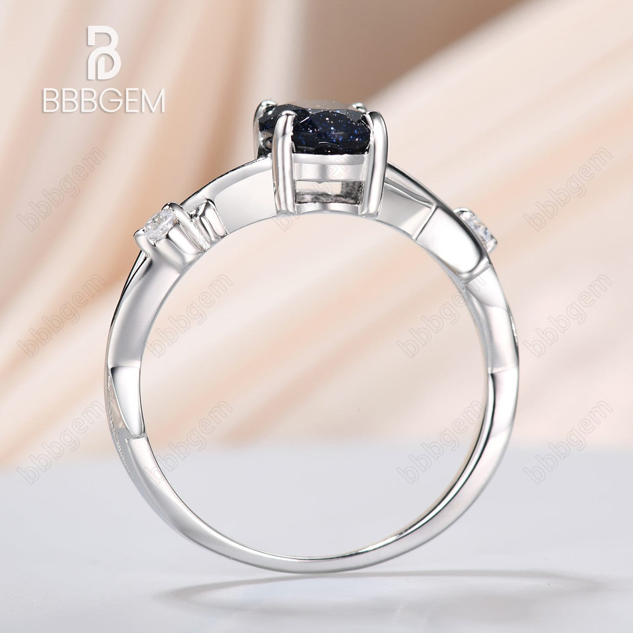 925 Sterling Silver White Gold Plated Oval Natural Blue Sandstone Twisted Vine Solitaire Engagement Ring for Women - Perfect for Proposals, Weddings & Anniversary Gifts