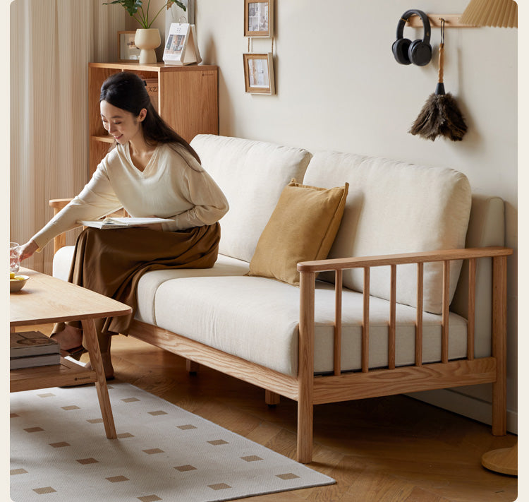 Solid Oak Wood Sofa with Premium Fabric Upholstery - Durable & Stylish Living Room Furniture for Home & Office Comfort