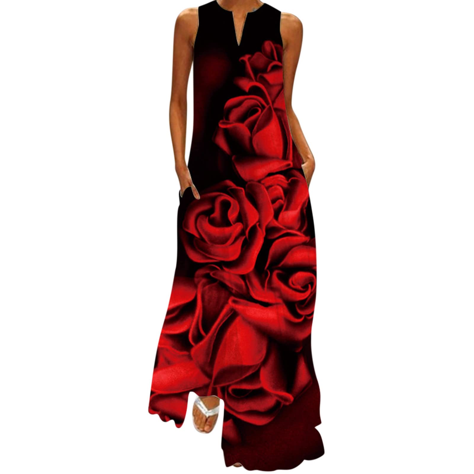 Twoker Women's Sexy Fashion Digital Print V-Neck Sleeveless Long Dress with Pockets - Elegant & Cute Summer Dress for Party, Date Night, Beach Vacation & Casual Wear