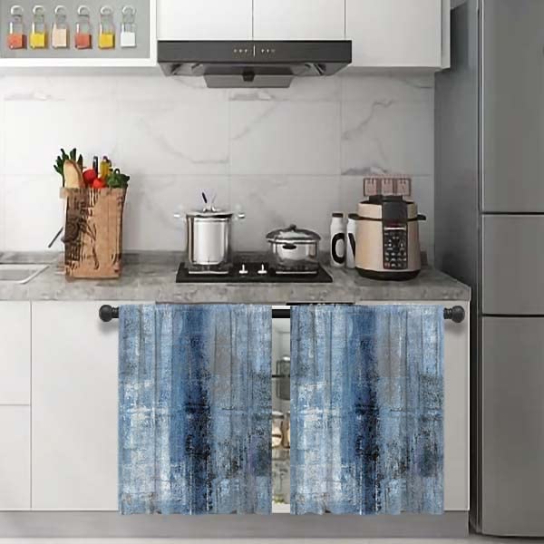 MCALK Blue & Grey Kitchen Curtains Set - 2 Piece Modern Abstract Window Valances for Living Room & Kitchen (24