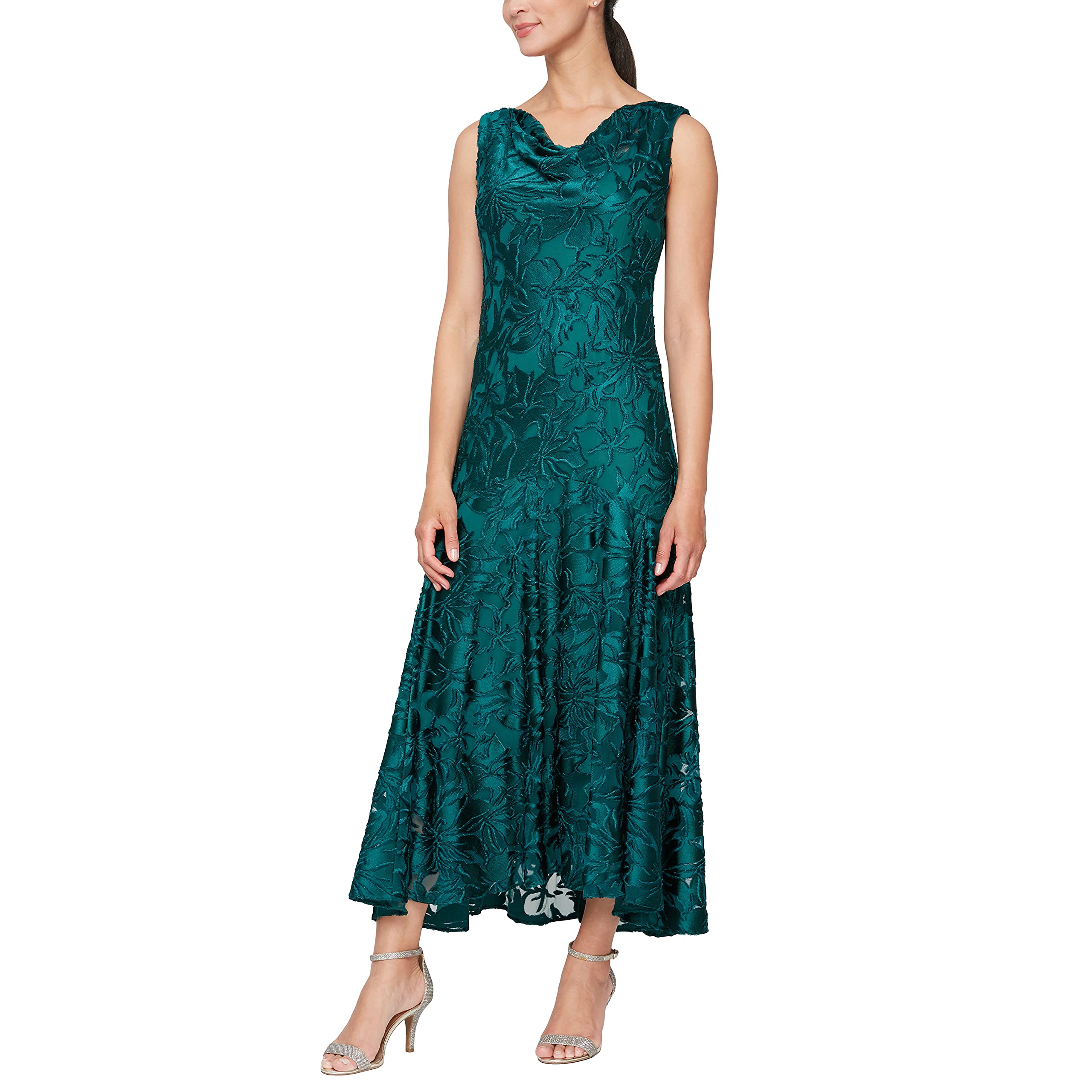 Alex Evenings Women's Formal Sleeveless Cowl Neck Floral Print Gown with Shawl - Elegant Wedding Guest Dress & Mother of The Bride Outfit for Evening Parties, Galas & Special Occasions