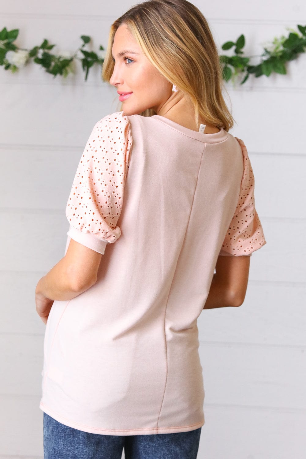 Peach Eyelet Puff Sleeve French Terry Top for Women - Summer Boho Blouse with Lace Trim, Casual Loose Fit T-Shirt | Perfect for Beach Outings, Date Nights & Weekend Brunch