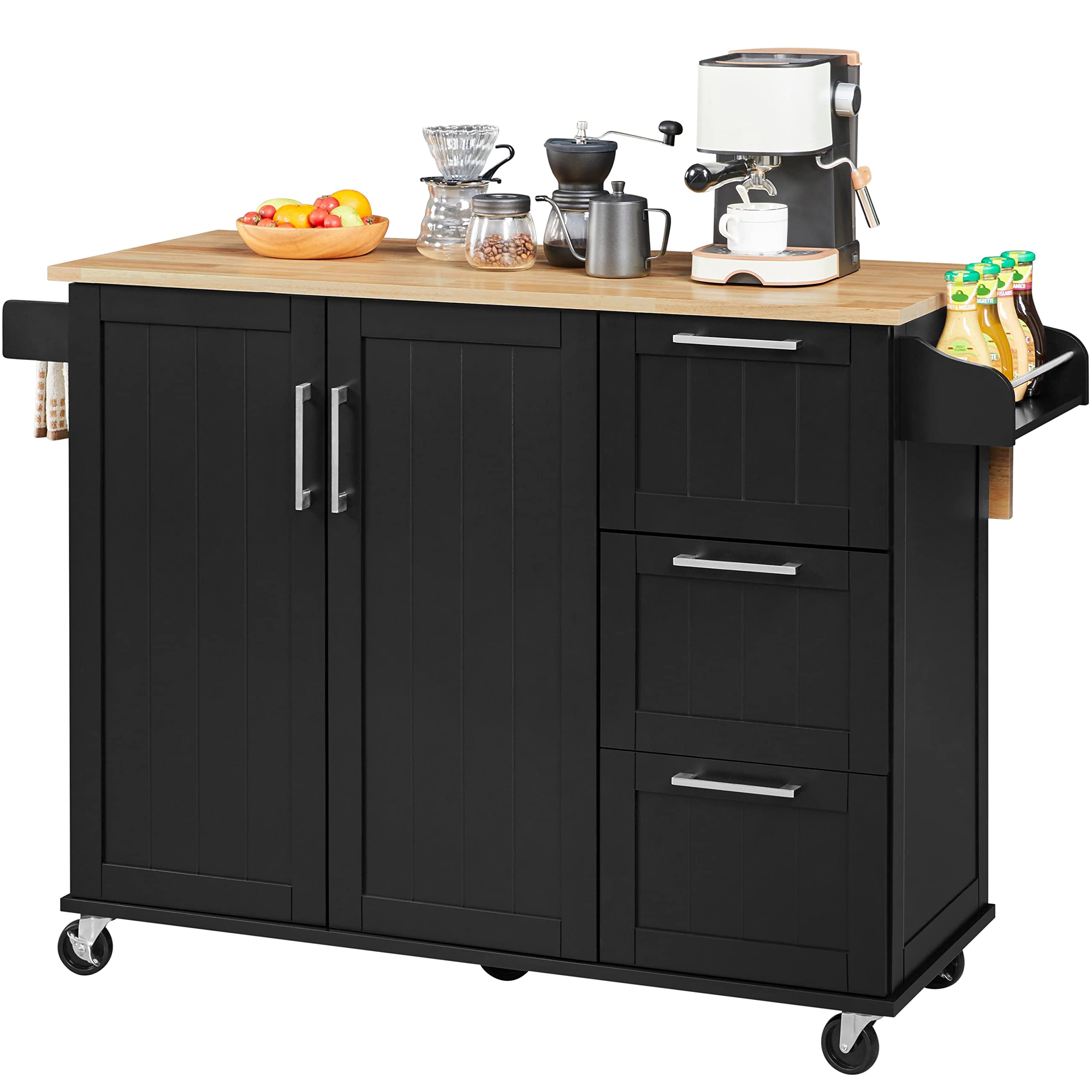 Topeakmart Black Mobile Kitchen Island with Foldable Countertop - Kitchen Cart with Storage Cabinet, 3 Drawers & Spice Rack - Perfect for Small Kitchens, Dining Rooms & Food Prep Areas
