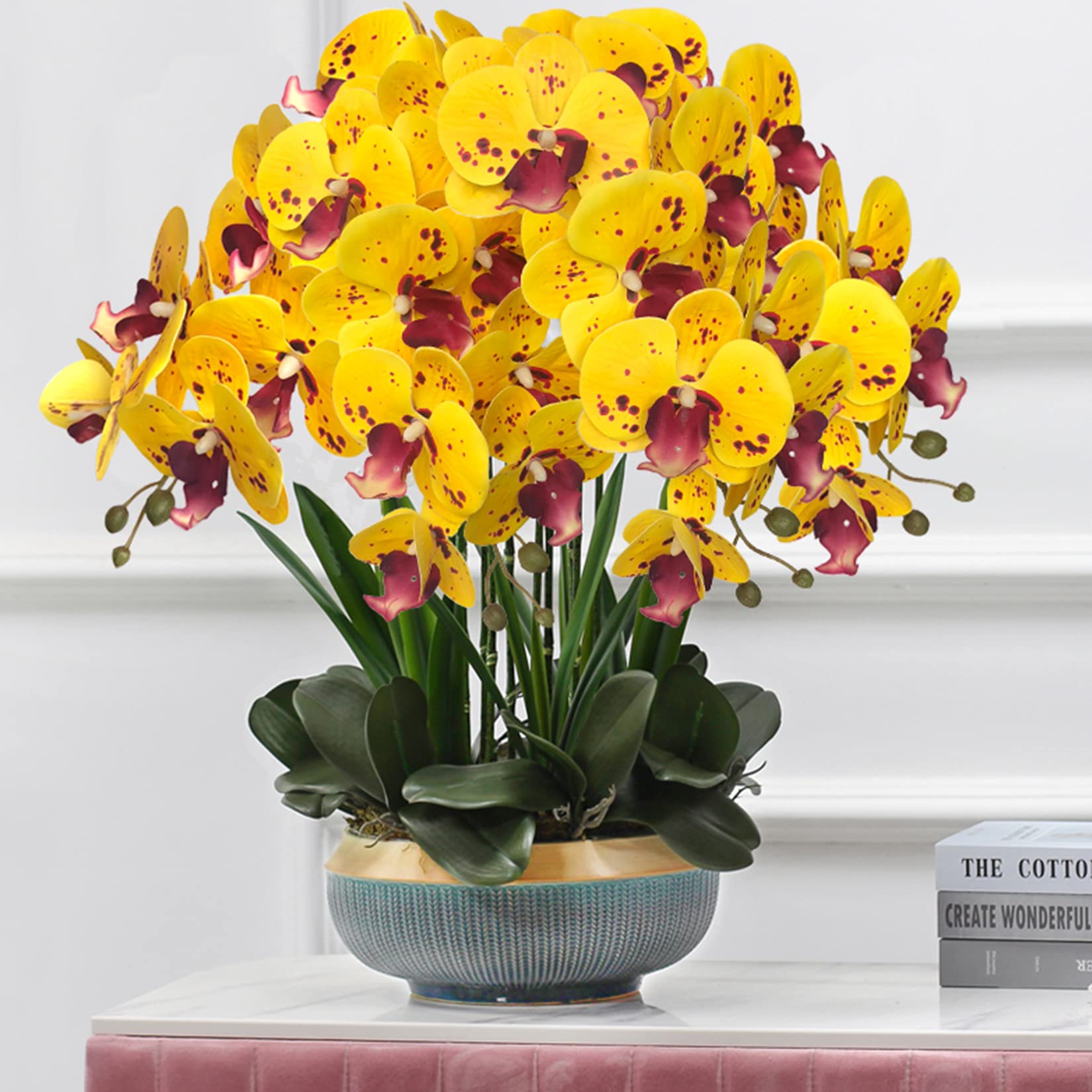 FagusHome 6 Pcs 32 Inch Artificial Phalaenopsis Orchid Flowers Stems - Fake Silk Flowers for Home Décor, Wedding Centerpieces & Office Decoration (Yellow Piebald)