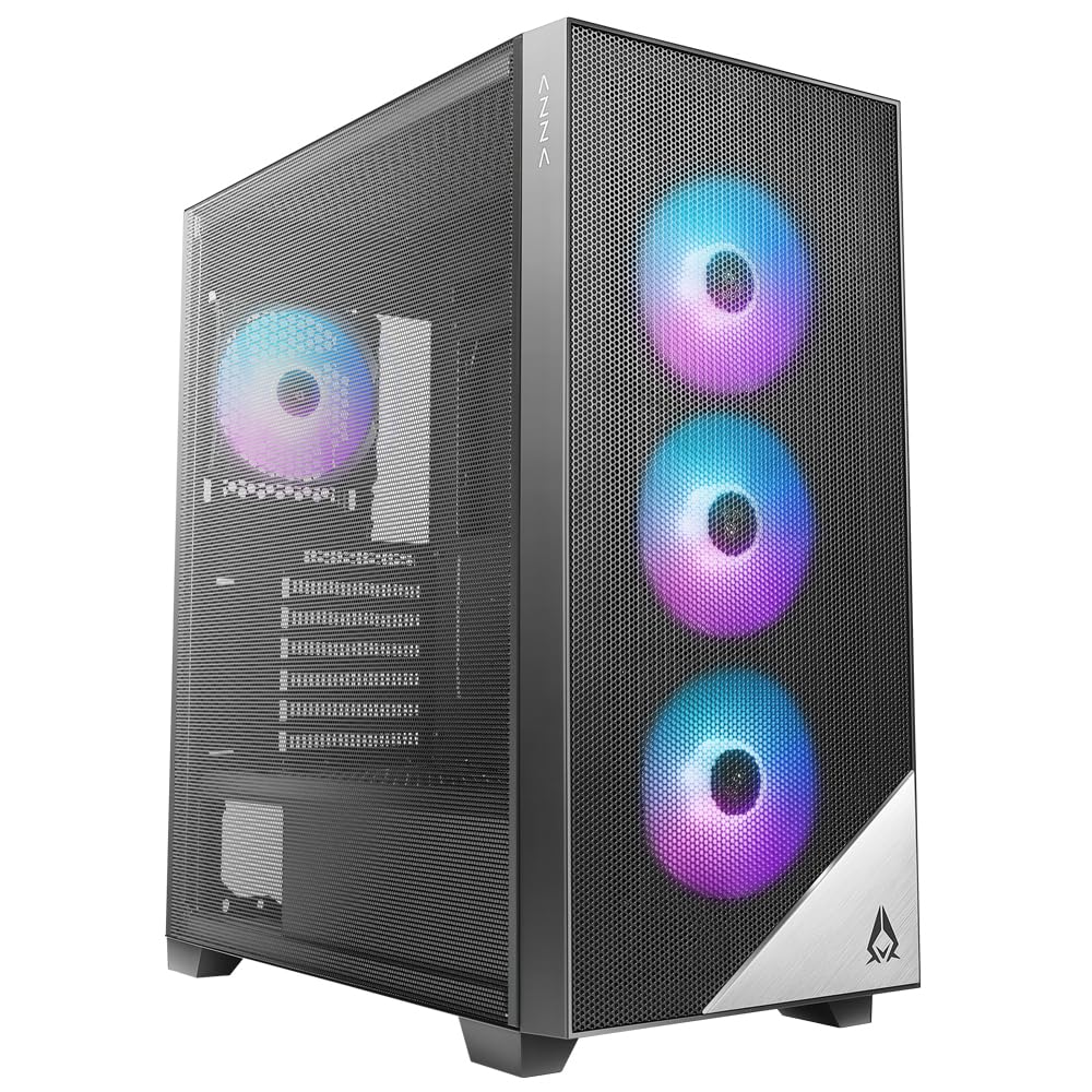 AZZA AERO Black ATX Mid Tower PC Case - CSAZ-480 with Metal Mesh Side Panel, 4 x 120mm ARGB PWM Fans Included - Perfect for Gaming Rigs & High-Airflow Builds