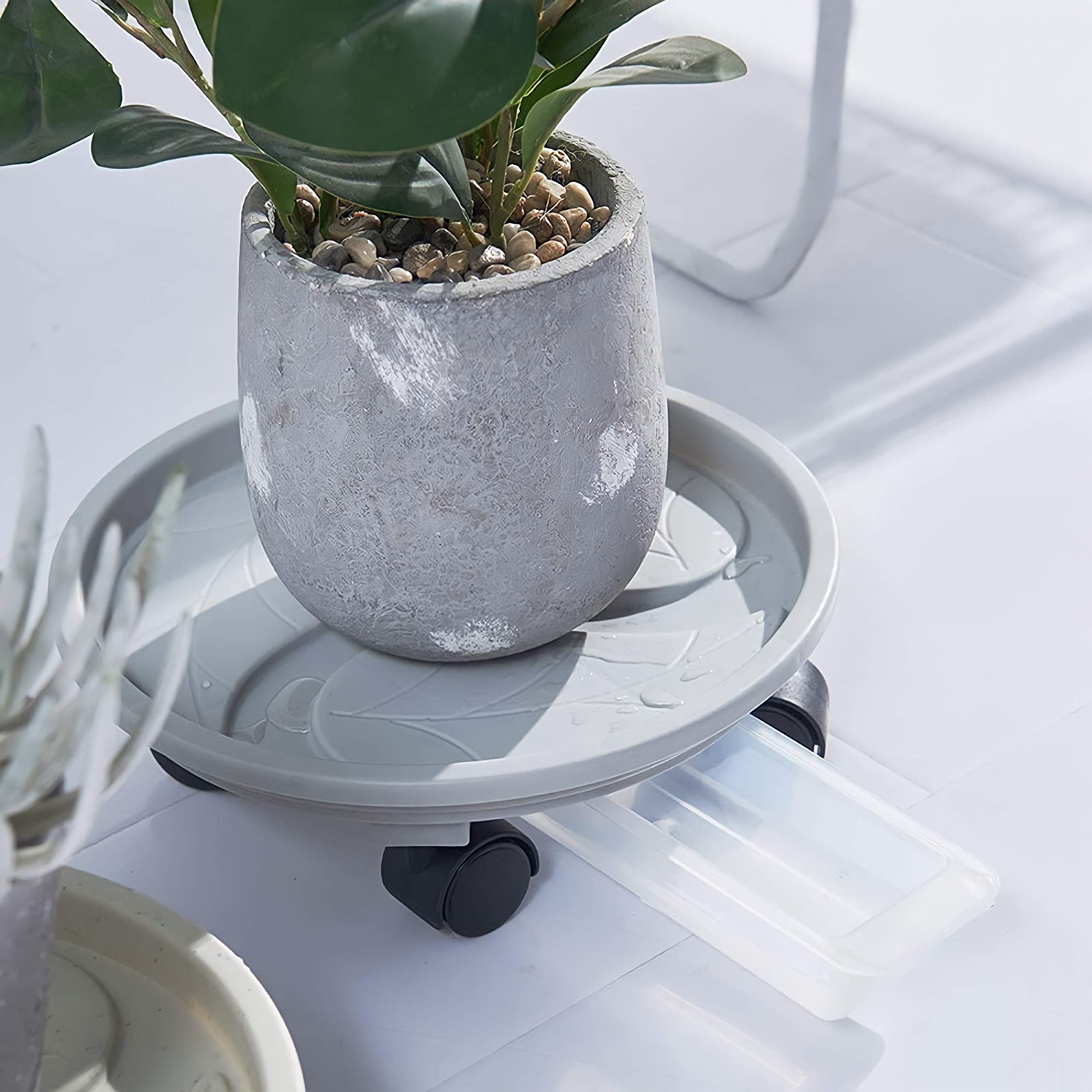 2 Pack 13 Inch Grey Round Plant Caddy with Wheels - Heavy Duty Movable Planter Stand for Indoor/Outdoor Potted Plants - Water Storage Base & Removable Flower Pot Tray - Perfect for Home Garden, Patio, and Balcony Decor (13
