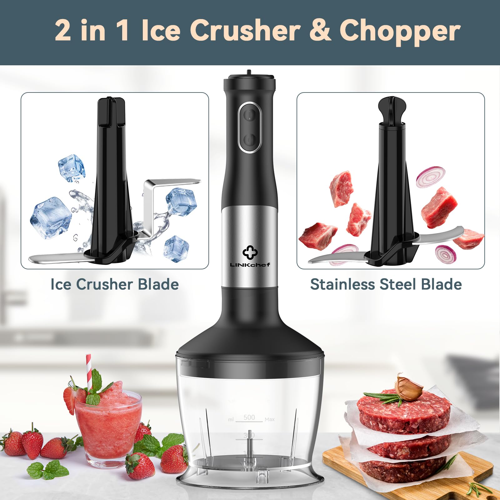 LINKChef 800W 7-in-1 Immersion Blender Handheld - 2 Titanium Steel Blades, 20 Speed & Turbo Mode, Includes Whisk, Milk Frother, Food Processor & Beaker - Perfect for Smoothies, Soups, Sauces & Baking at Home