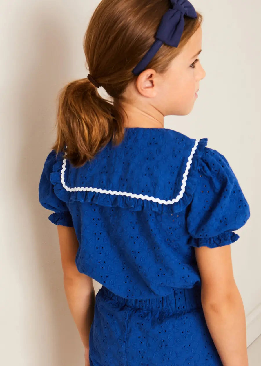 Blue Broderie Anglaise Dress for Girls - Elegant Lace Trim Summer Dress | Perfect for Parties, Weddings & Special Occasions
