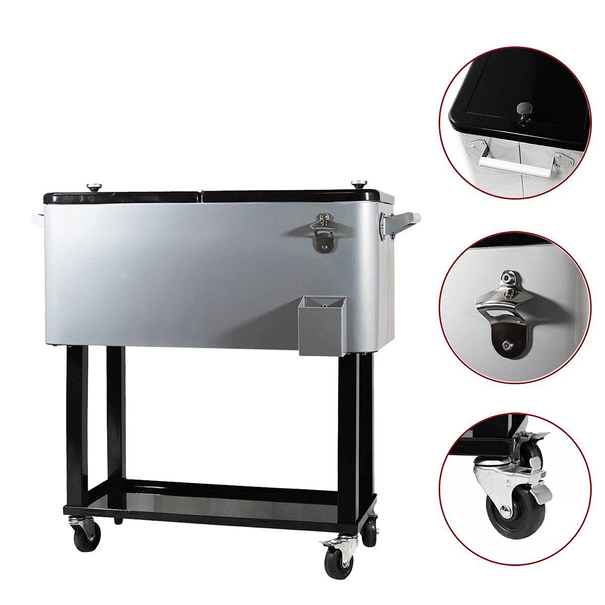 80 Quart Rolling Patio Cooler with Wheels, Shelf & Bottle Opener - Portable Iron Ice Chest for Outdoor Parties, Camping & Beach Adventures