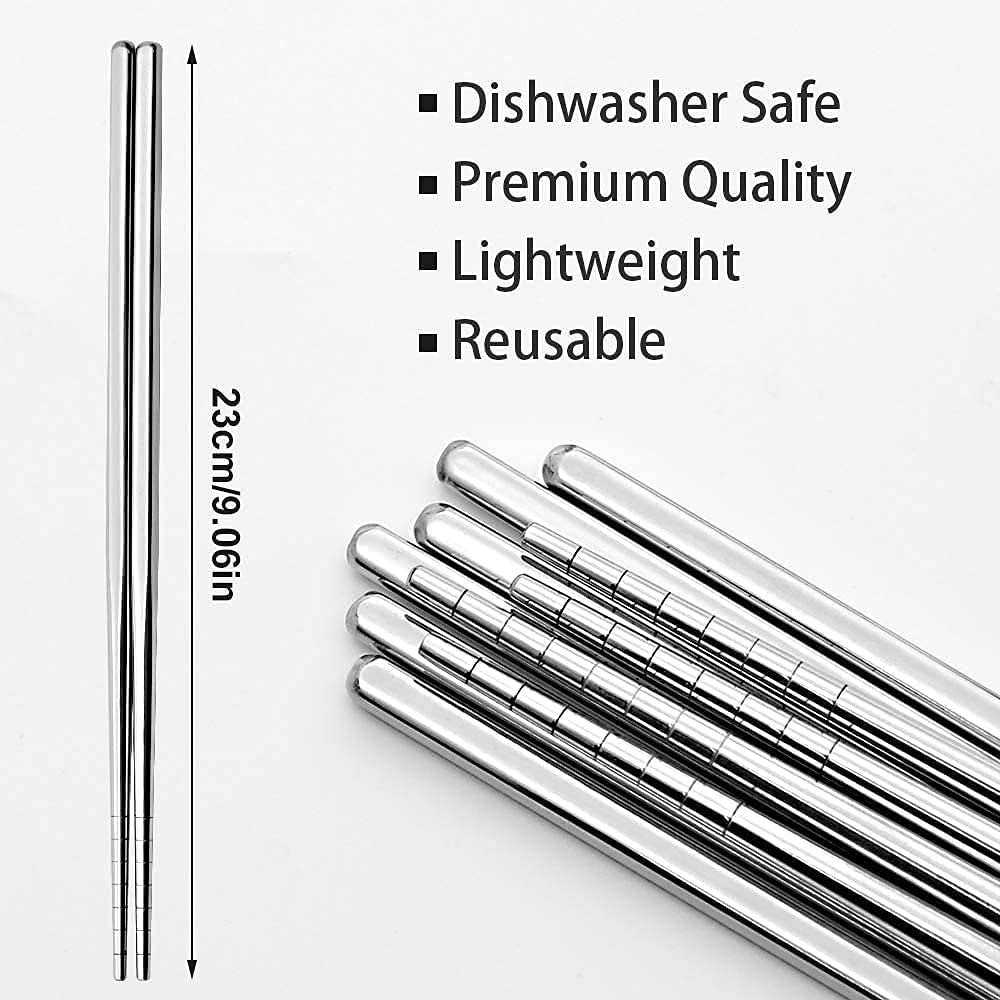 5 Pairs Reusable Stainless Steel Chopsticks - Classic Metal Chopsticks Set | Dishwasher Safe, Non-Slip & Lightweight | Perfect for Asian Cuisine, Sushi, Ramen & Home Dining