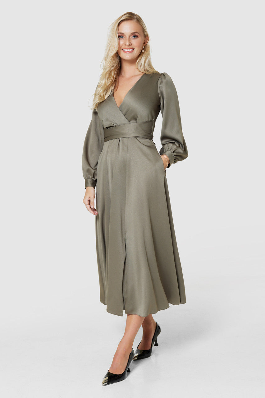 Earla Women's Olive Full Skirt Midi Dress - Elegant A-Line Flowy Summer Dress for Casual Wear, Office, Party & Special Occasions