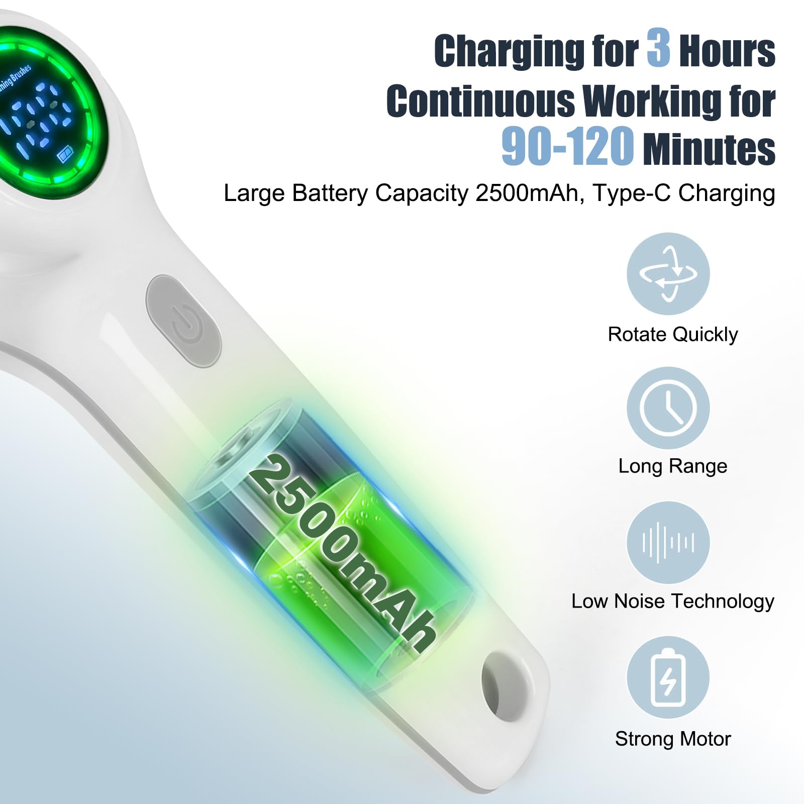 Cordless Electric Spin Scrubber with 6 Replaceable Heads & Battery Display - Powerful Shower, Bathroom, Sink & Window Cleaning Brush - Ideal for Tile Grout, Bathtub, Glass & Hard-to-Reach Areas