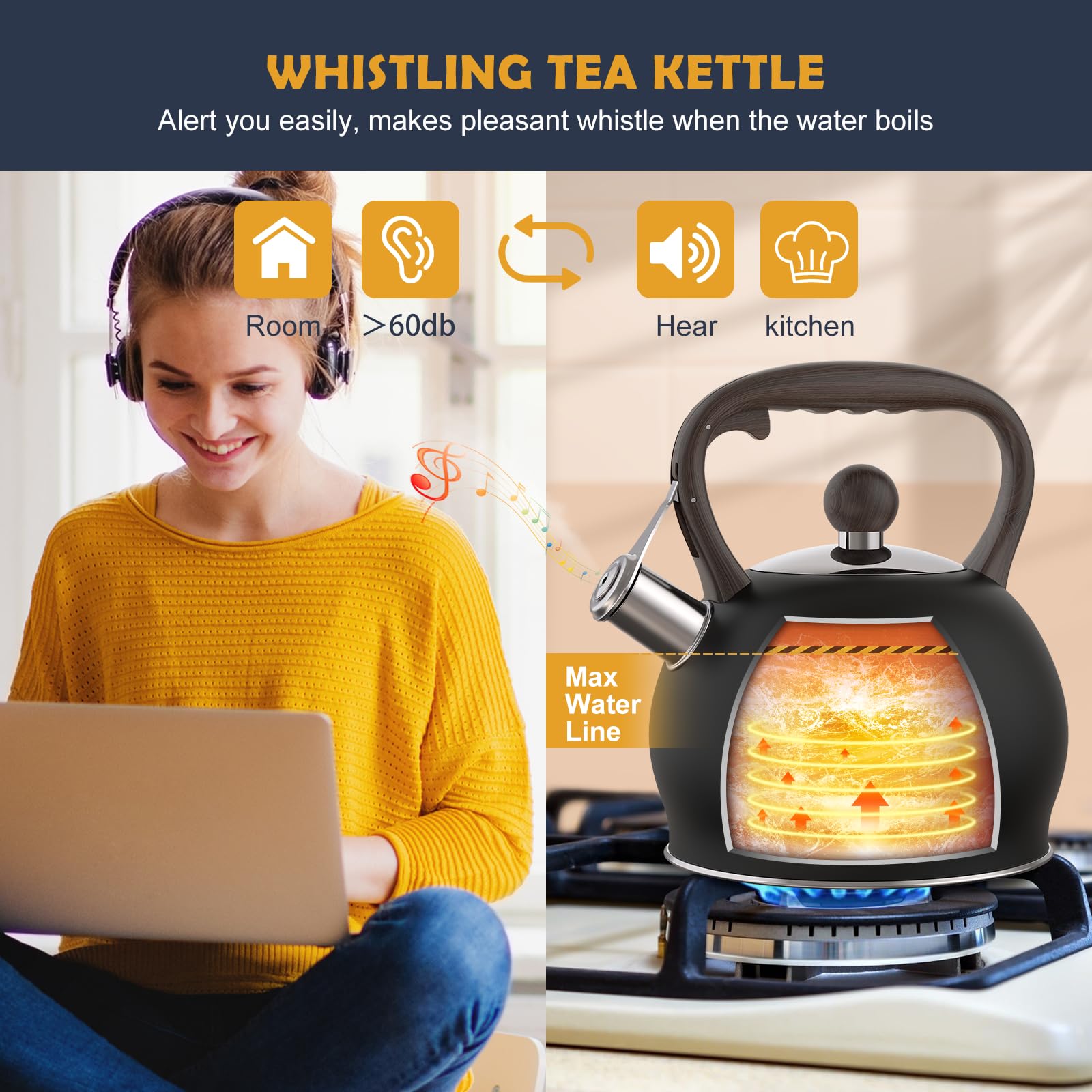 Premium 2.64 Quart Stainless Steel Whistling Tea Kettle - Food Grade Stovetop Teapot with Ergonomic Handle & Loud Whistle - Perfect for Tea, Coffee, Milk - Ideal for Home, Camping & Outdoor Use - Black
