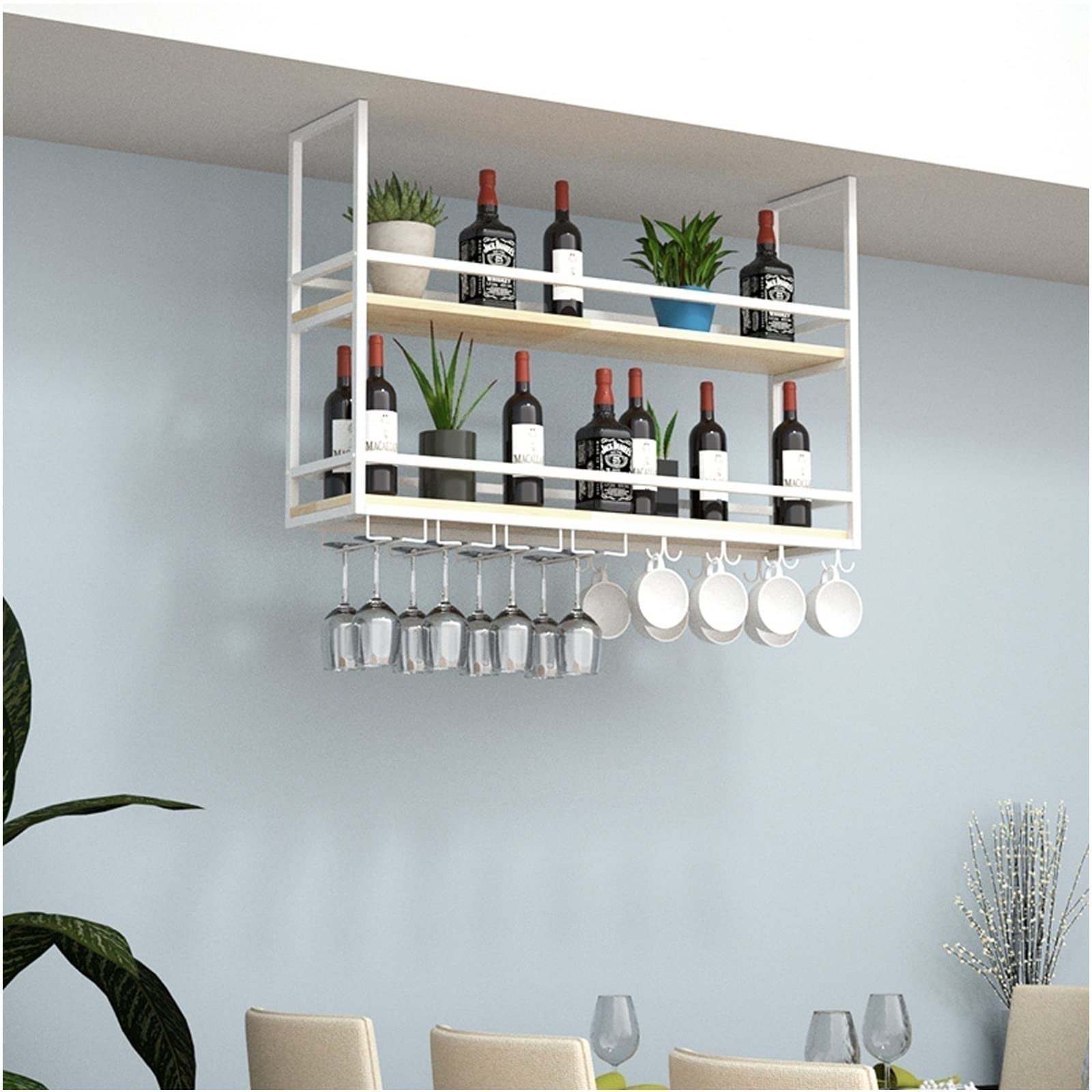Wrought Iron & Solid Wood Floating Shelf - Wall Mounted Double Wine Rack with Guardrail | Ceiling Hanging Wine Glass Holder | Kitchen, Living Room & Bar Display Stand for Plants & Wine Bottles | Space-Saving Home Decor Organizer