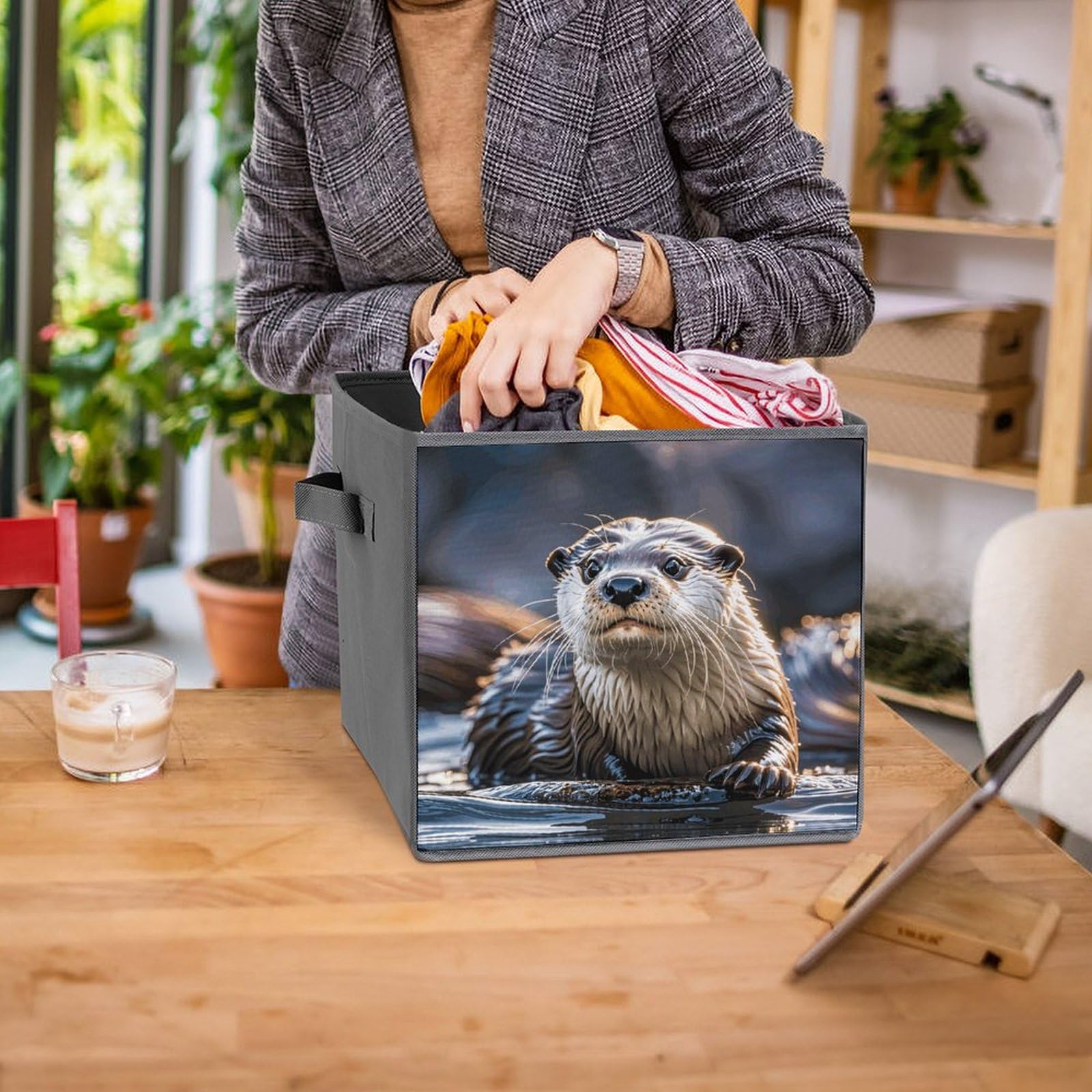 6PCS Collapsible Storage Bins with Handles - Otter Printed Foldable Organizing Boxes for Home, Kitchen, Bathroom & Office - Space Saving Storage Containers for Shelves, Cabinets & Closet Organization