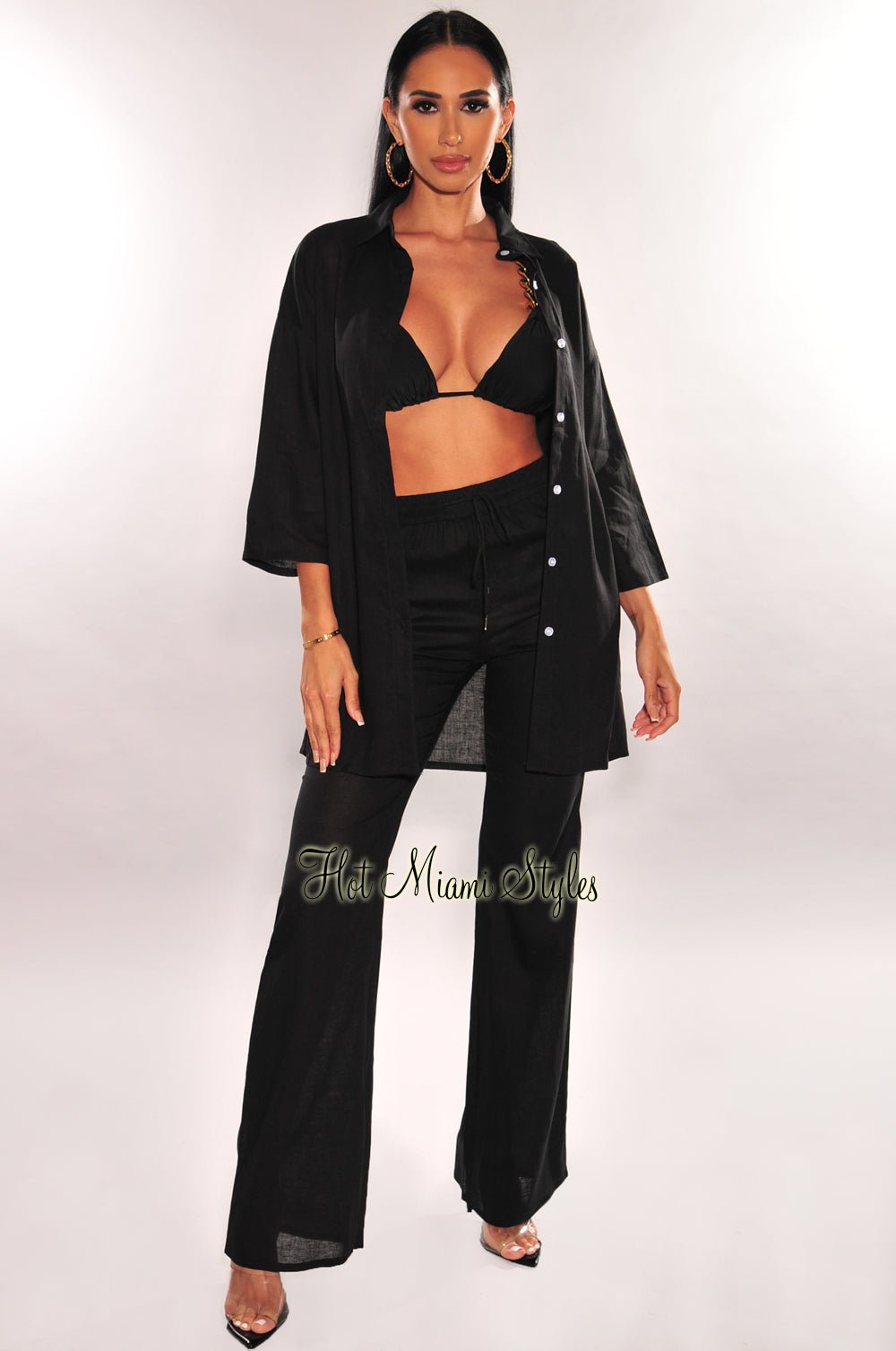 Black Linen Collared Button Up ¾ Sleeves Palazzo Pants Two Piece Set - Women's Summer Outfit for Beach Vacation & Casual Wear