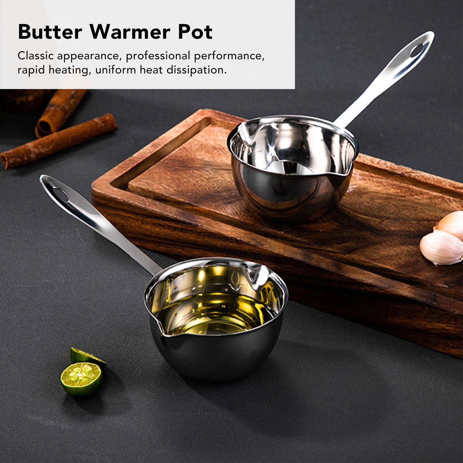 Premium Stainless Steel Butter Warmer Pan - 300ML Mini Butter Melting Pot with Dual Pour Spout for Coffee, Milk, Chocolate & Tea | Induction Compatible Flat Bottom Saucepan for Stovetop, Soup & Sauce Heating | Perfect for Home Kitchen, Cafe & Baking Use
