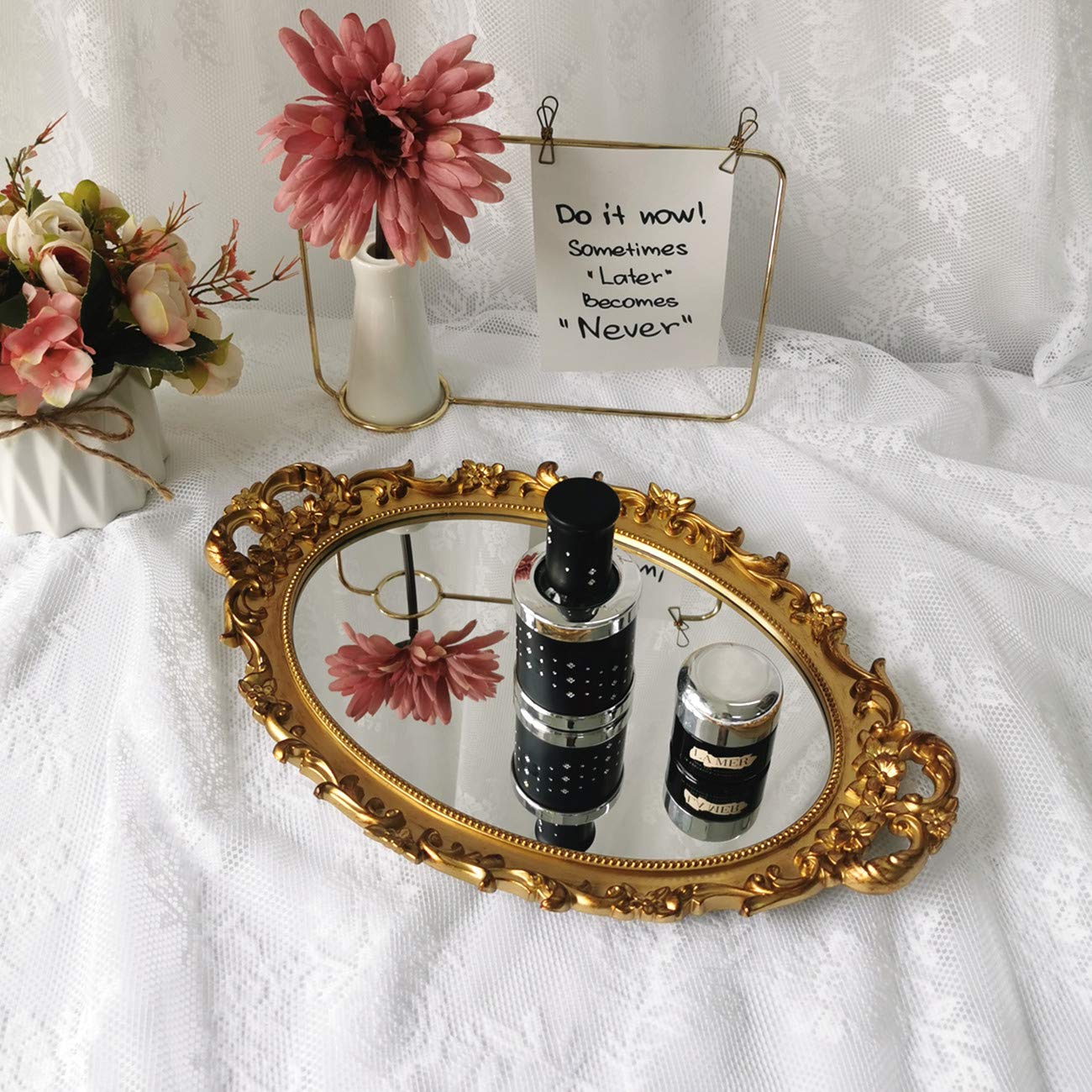 Hamphinee Gold Oval Floral Wall Mirror Tray - 9.8