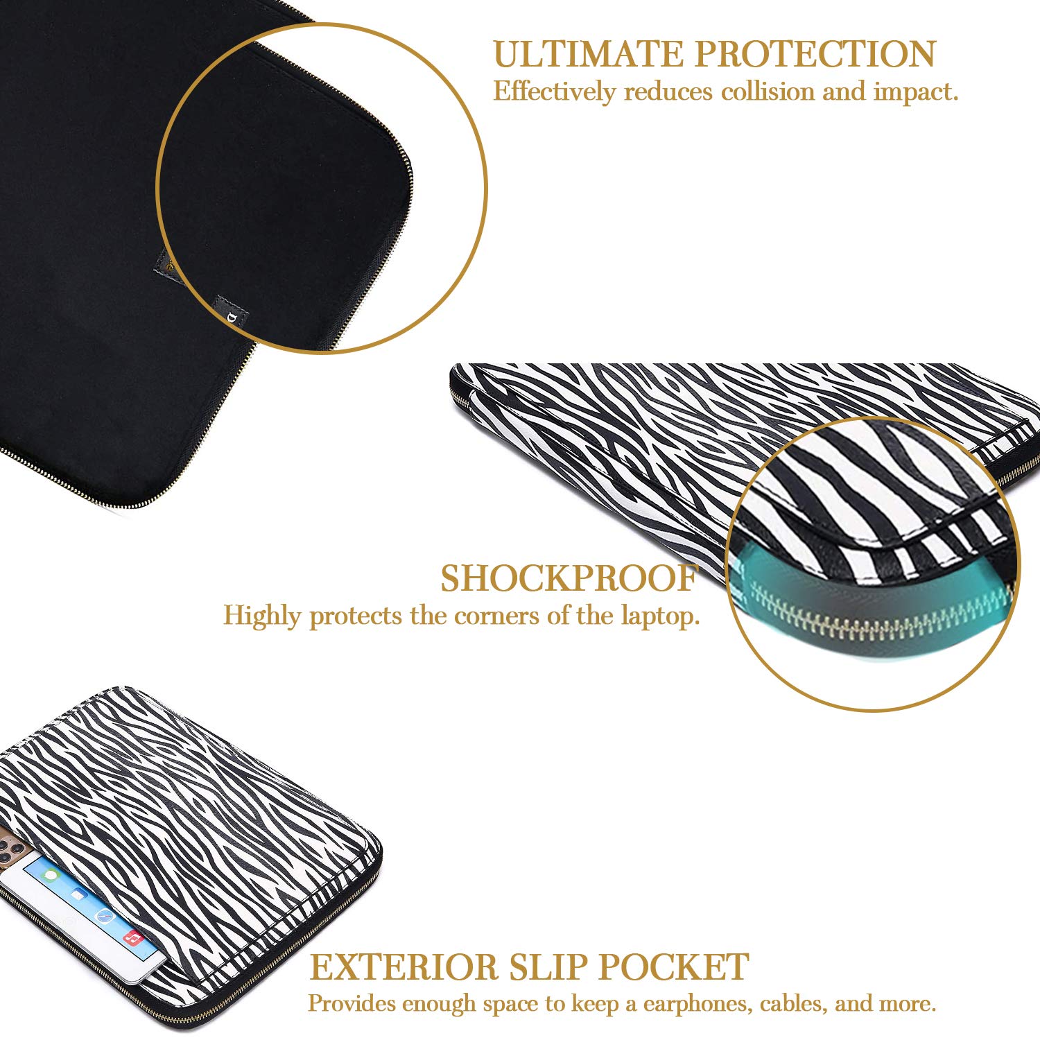 Premium 13 Inch Laptop Sleeve - Shock-Absorbent Vegan PU Leather Case with Daisy Rose & Zebra Print - Protective Cover for MacBook Air/Pro, Chromebook - Perfect for Work, Travel & School Accessories