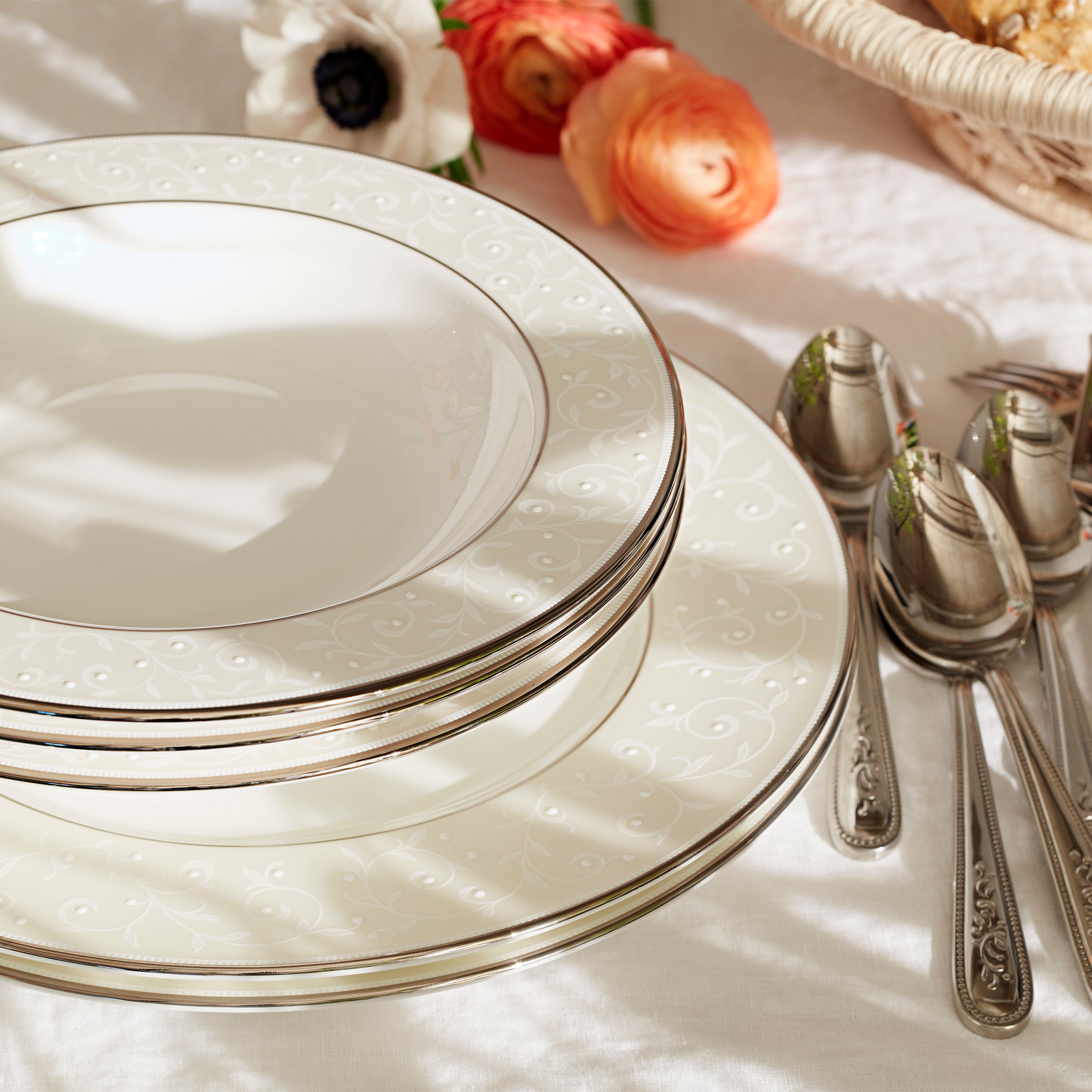 Opal Innocence 5-Piece Dinnerware Set - Elegant Bone China Plates, Bowls & Cups - Perfect for Formal Dining, Wedding Registry & Special Occasions