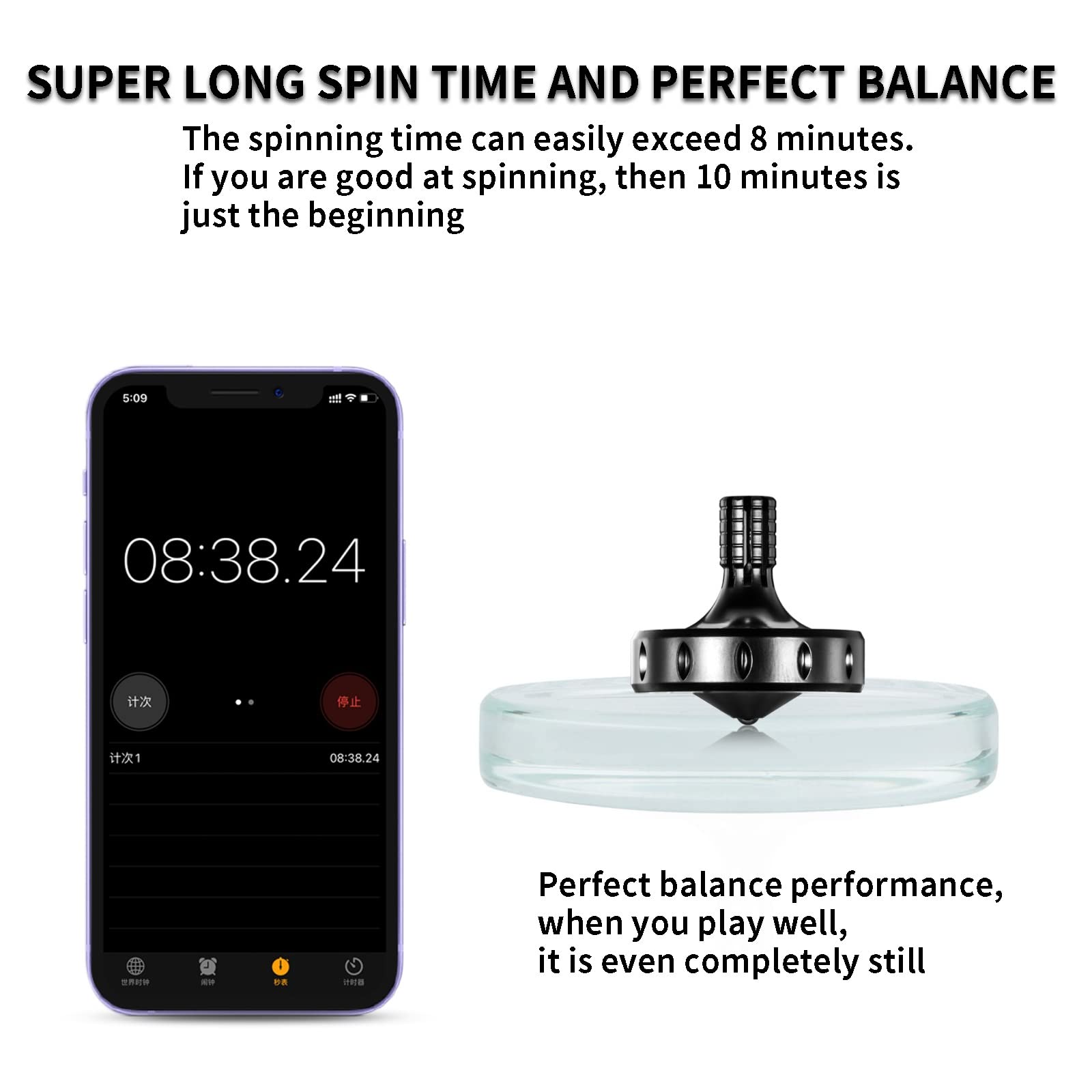 Premium Stainless Steel Spinning Top for Adults - Longest Spin Time & Perfect Balance - EDC Office Desktop Toy (Large, Black) - Perfect for Stress Relief, Focus Training & Party Games